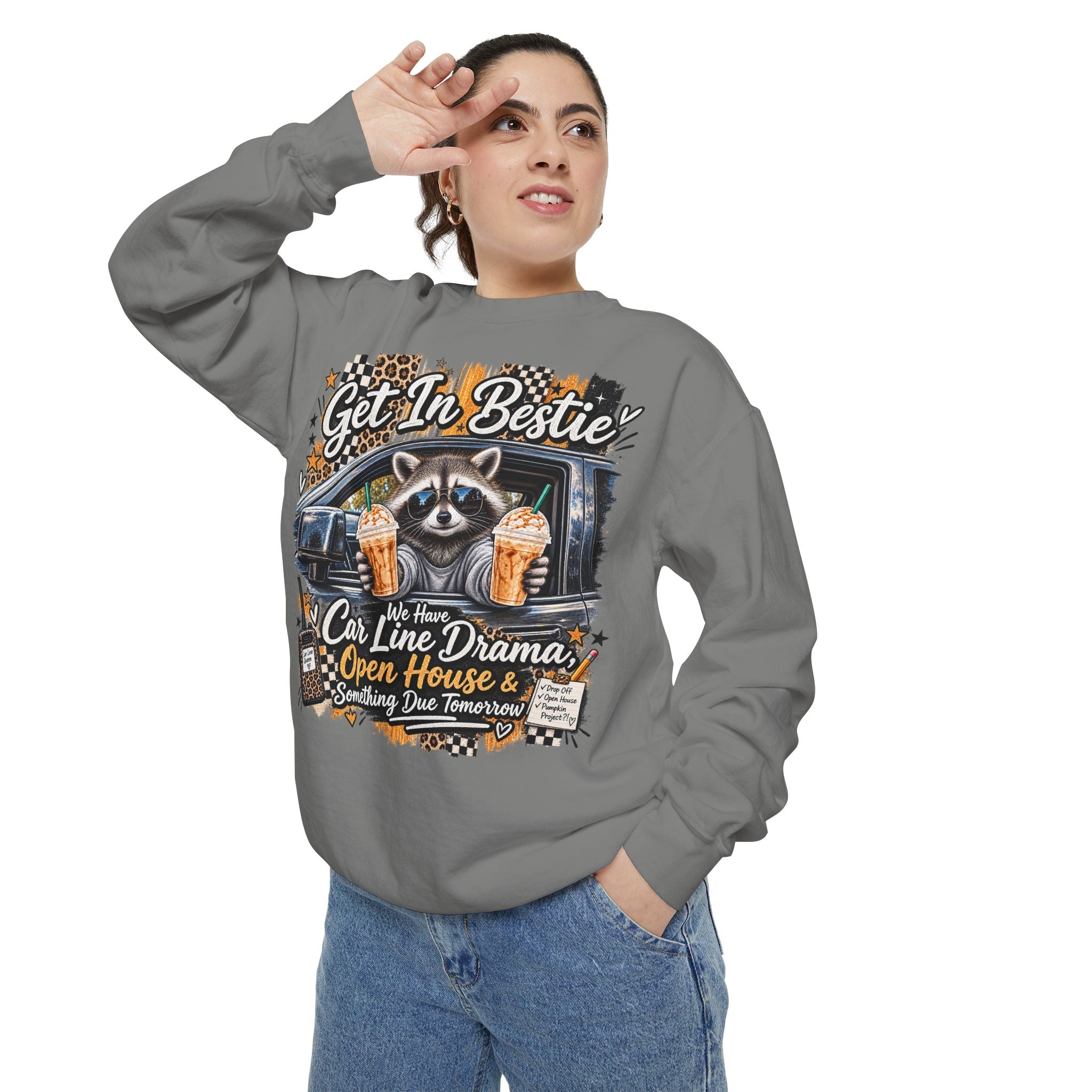 Cozy Raccoon 'Get In Bestie' Sweatshirt – Funny Car Line Mom Graphic