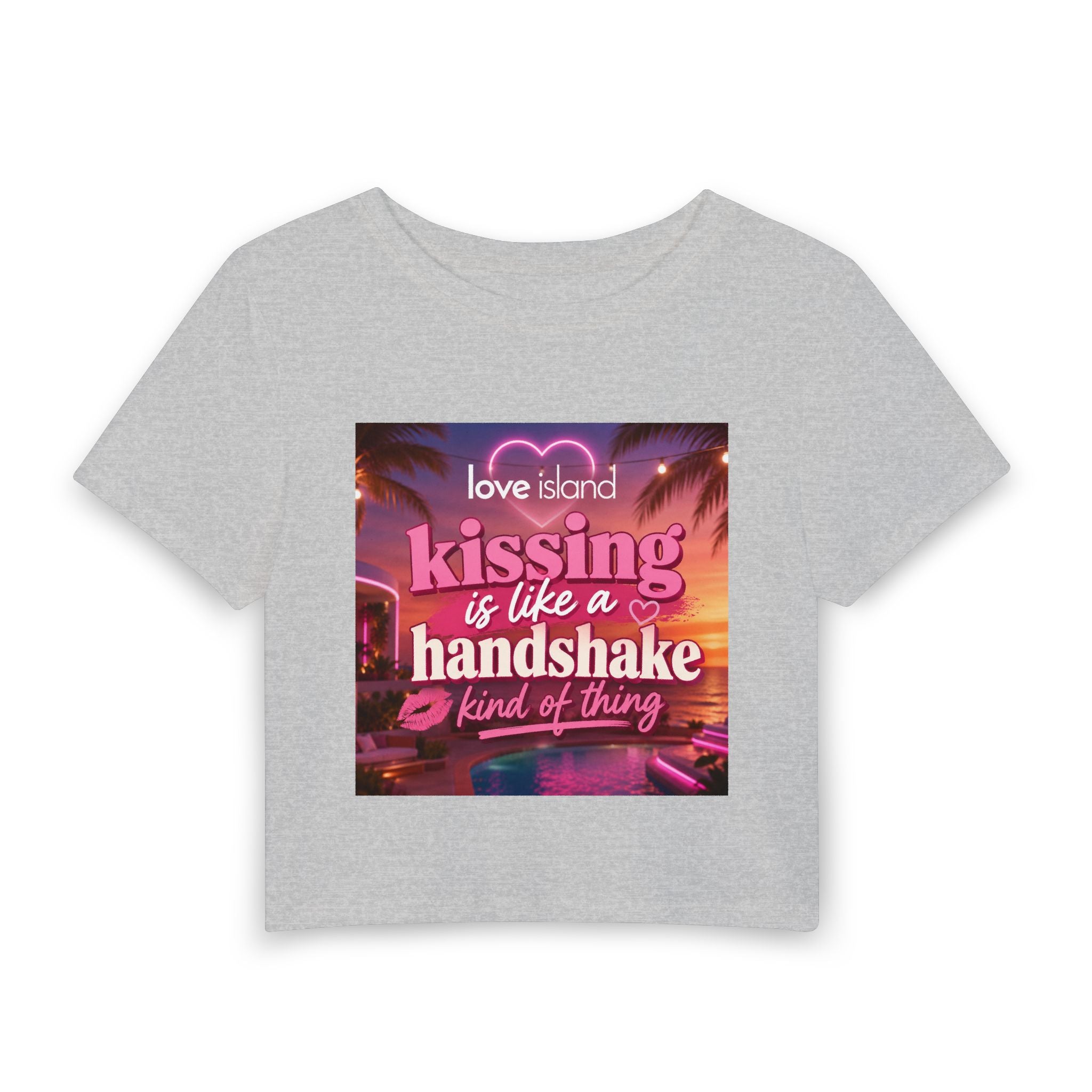 Love Island "Kissing Is Like A Handshake" Women's Baby Tee — Retro Tropical Graphic Cropped Tee