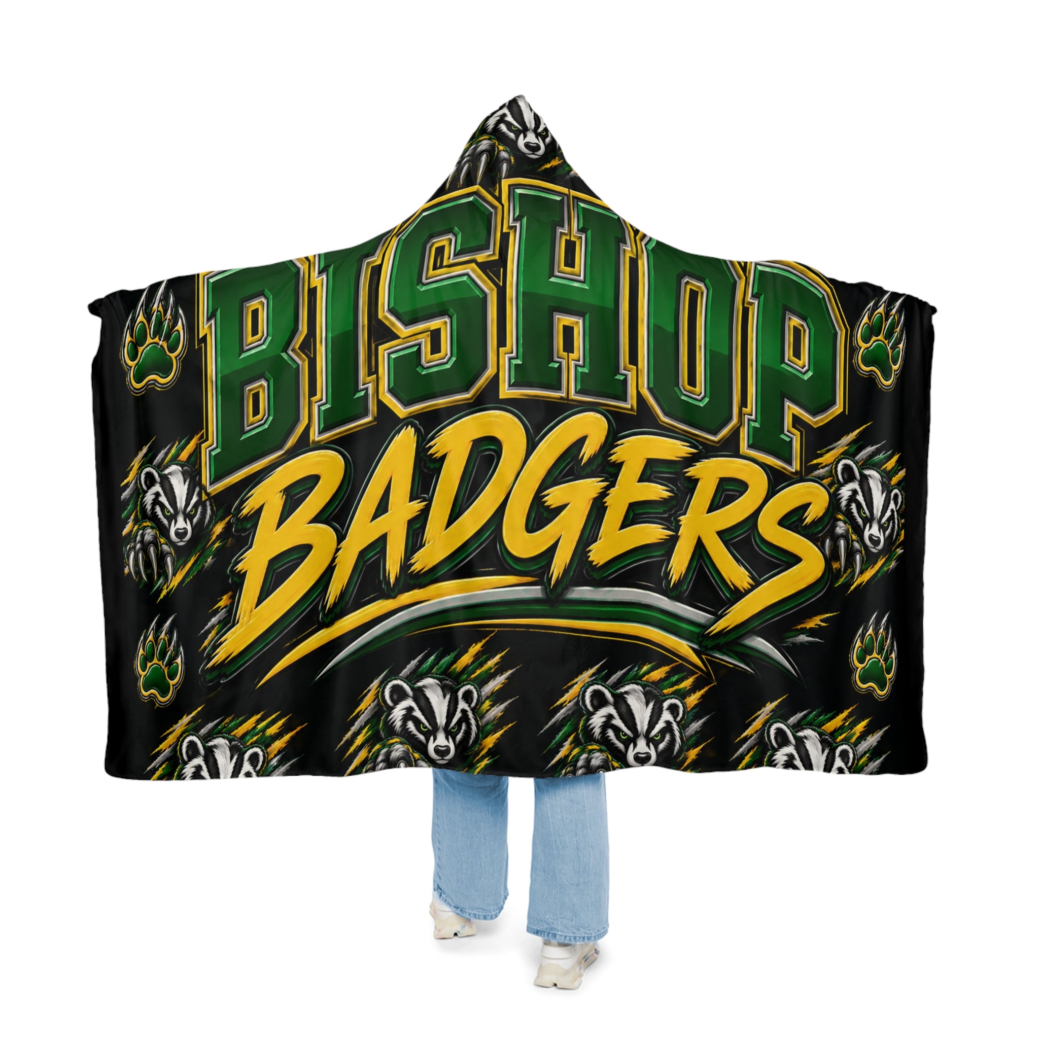Hooded Blanket — Bishop Badgers Snuggle Throw with Logo & Paw Print