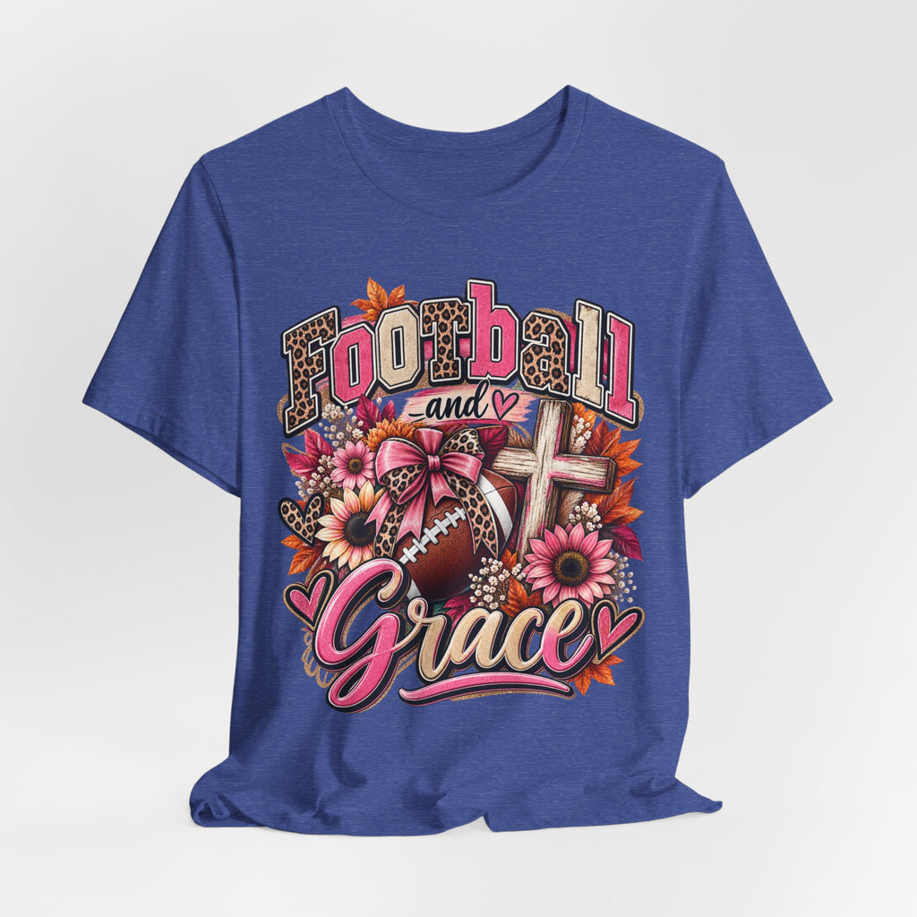 Football and Grace T‑Shirt — Floral Cross Christian Football Mom Tee