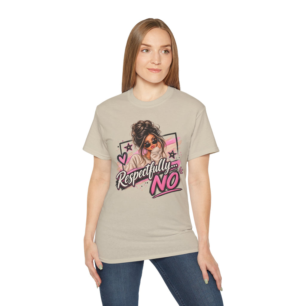 Respectfully No Graphic Tee — Sassy Pink Woman Illustration T-Shirt