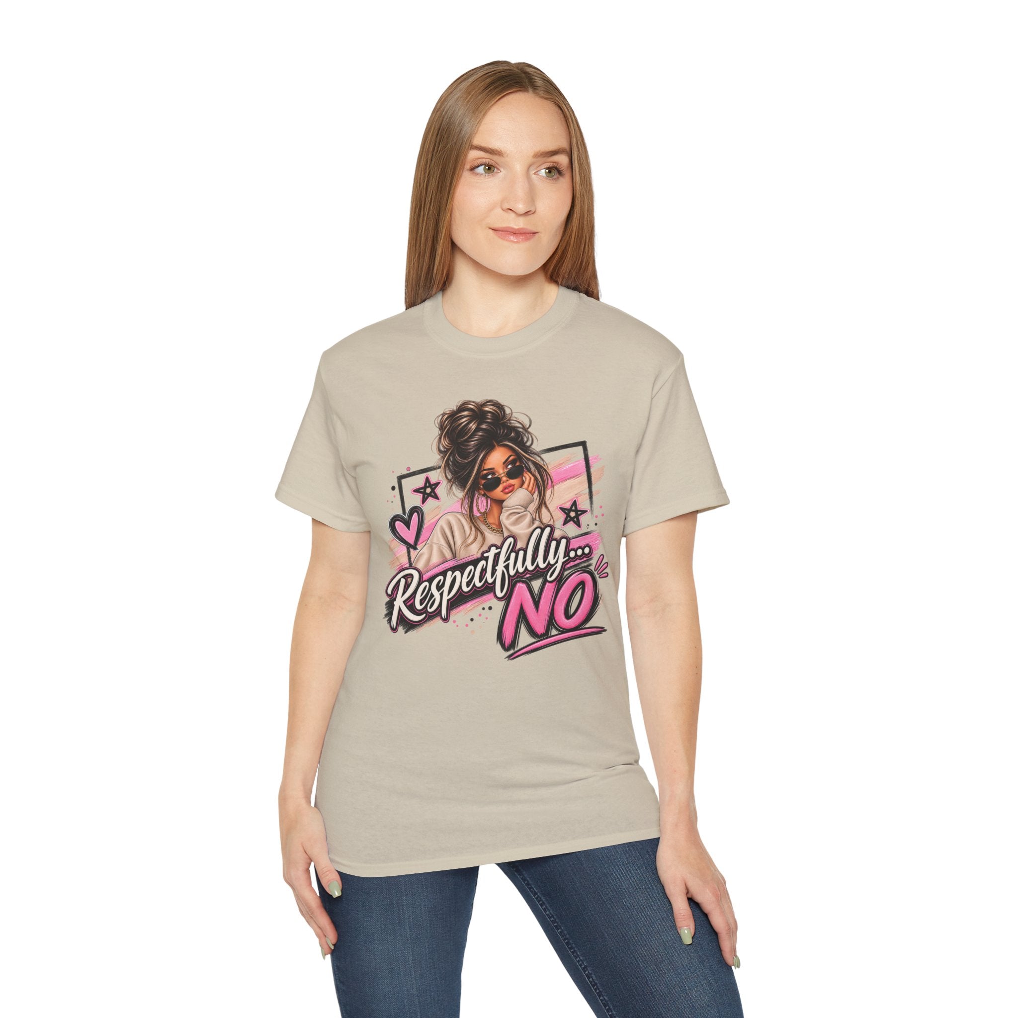 Respectfully No Graphic Tee — Sassy Pink Woman Illustration T-Shirt