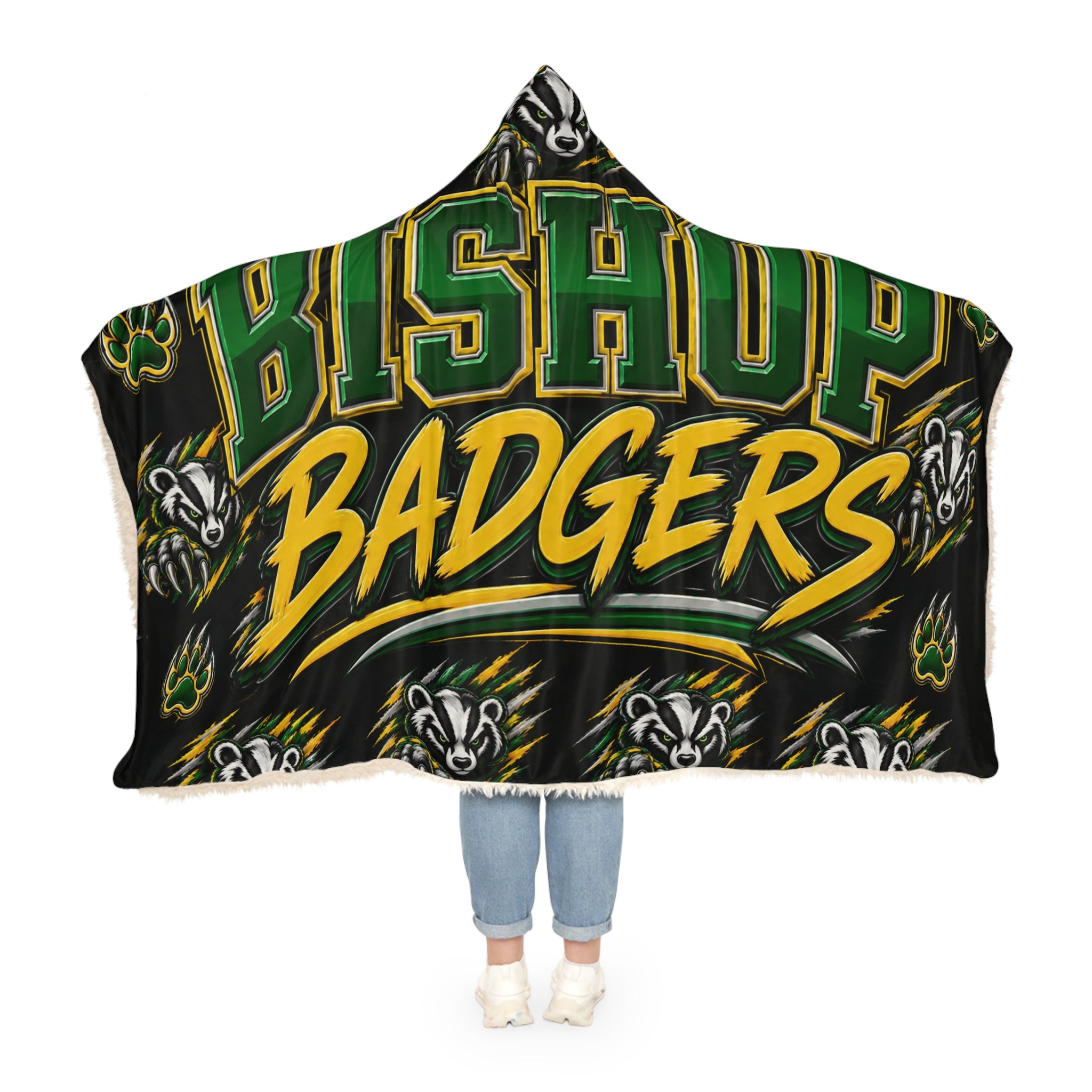 Hooded Blanket — Bishop Badgers Snuggle Throw with Logo & Paw Print
