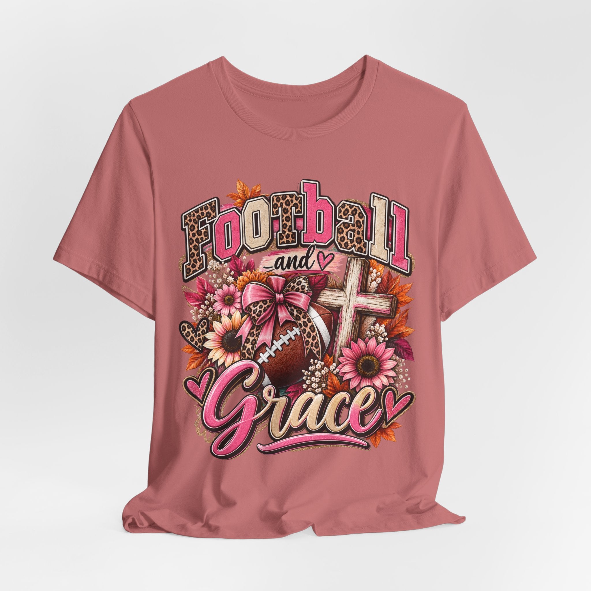 Football and Grace T‑Shirt — Floral Cross Christian Football Mom Tee