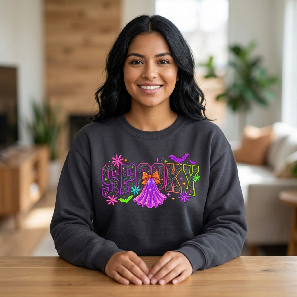 Spooky Ghost Crewneck Sweatshirt – Neon Halloween Graphic