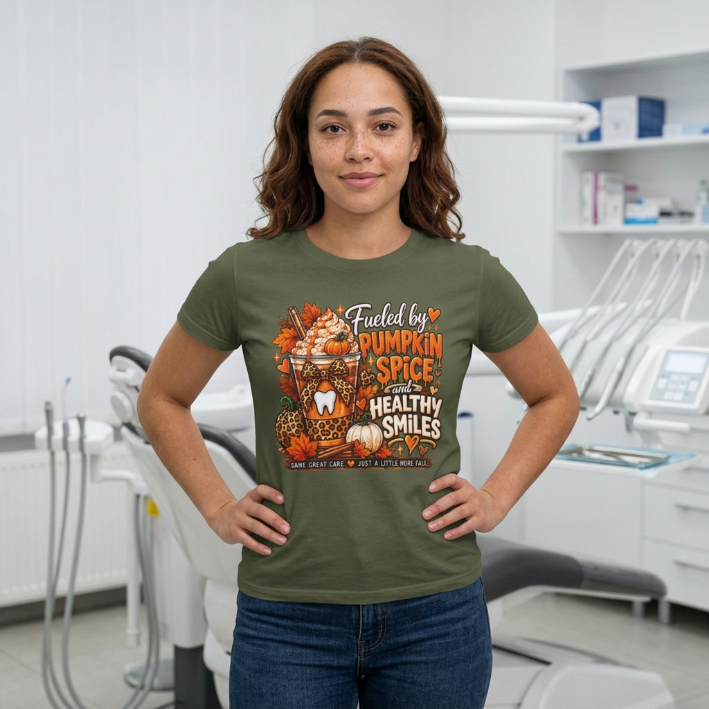 Pumpkin Spice Dental Tee — "Fueled by Pumpkin Spice and Healthy Smiles"