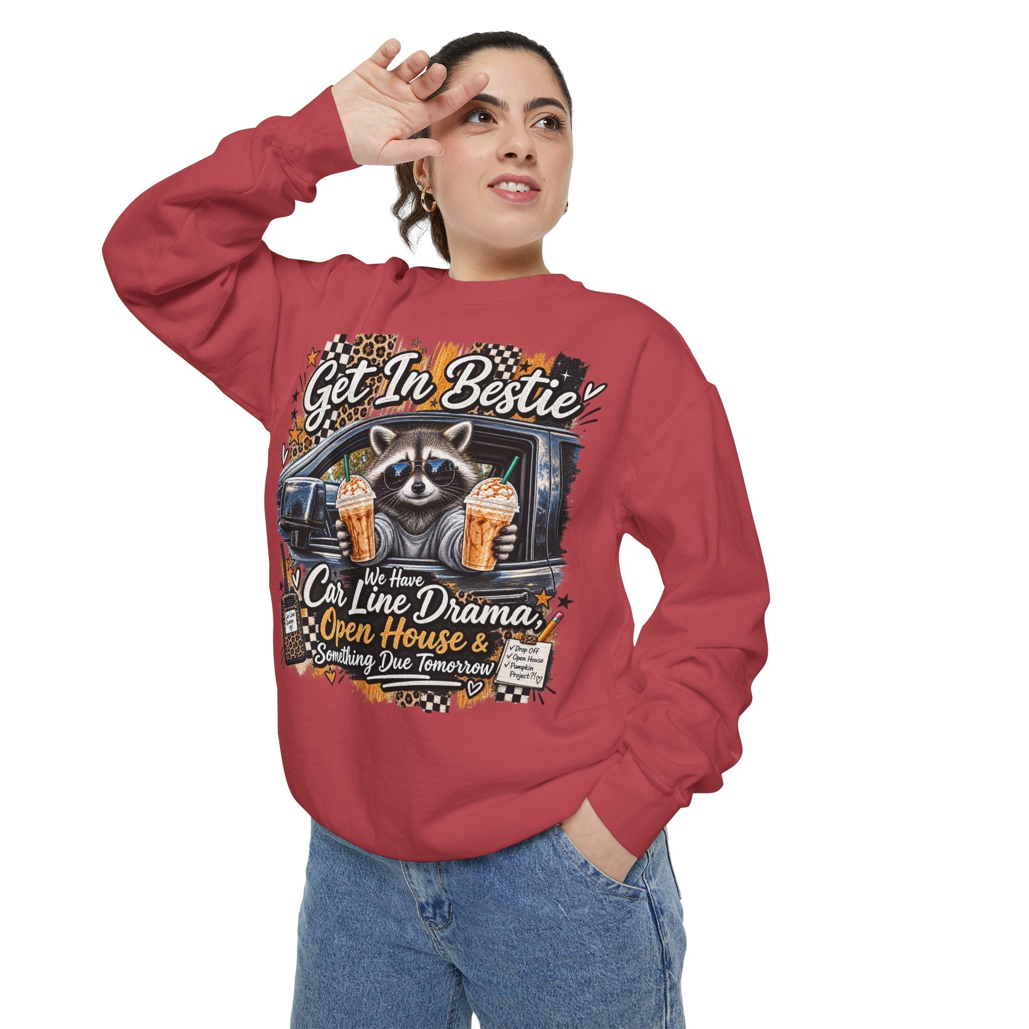 Cozy Raccoon 'Get In Bestie' Sweatshirt – Funny Car Line Mom Graphic