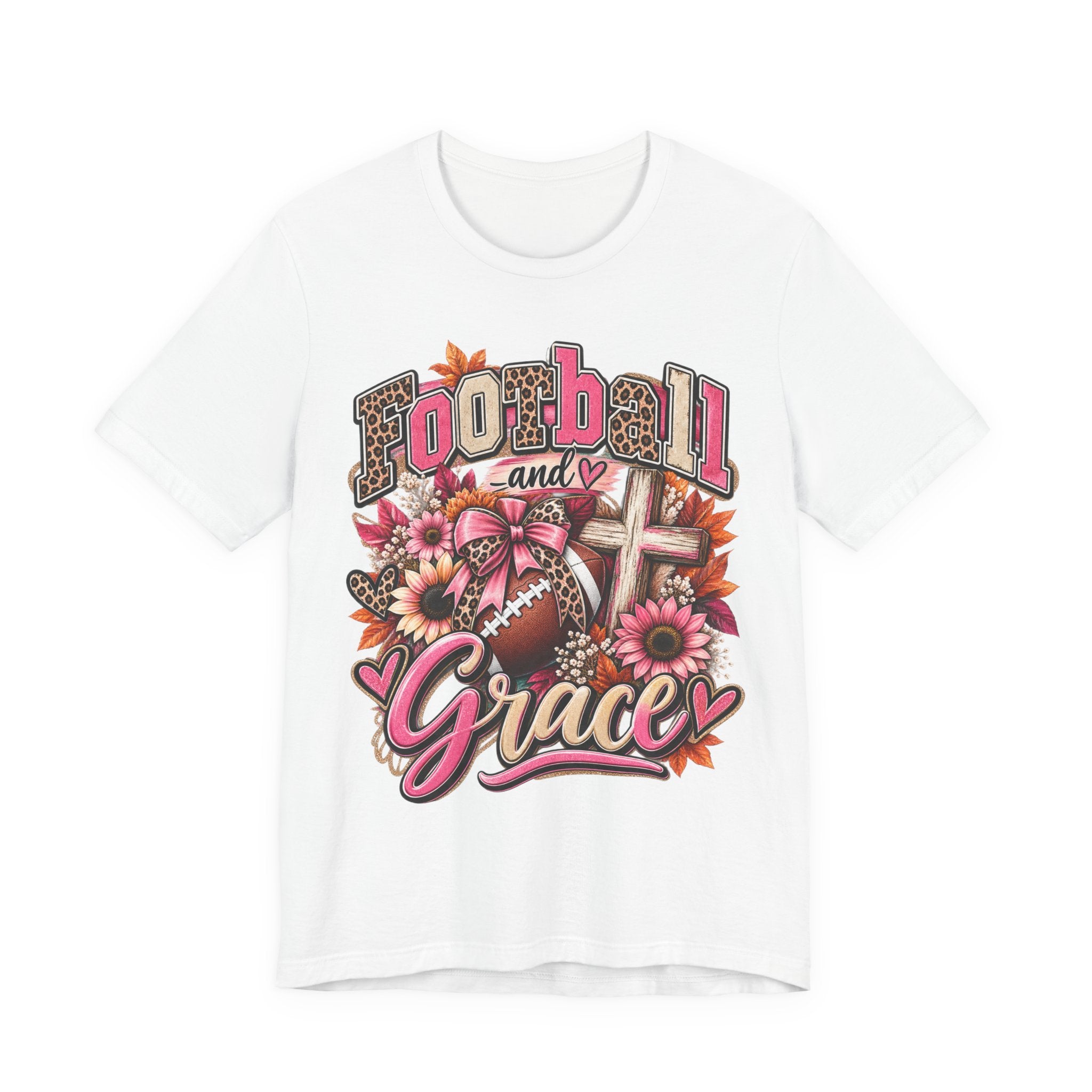 Football and Grace T‑Shirt — Floral Cross Christian Football Mom Tee