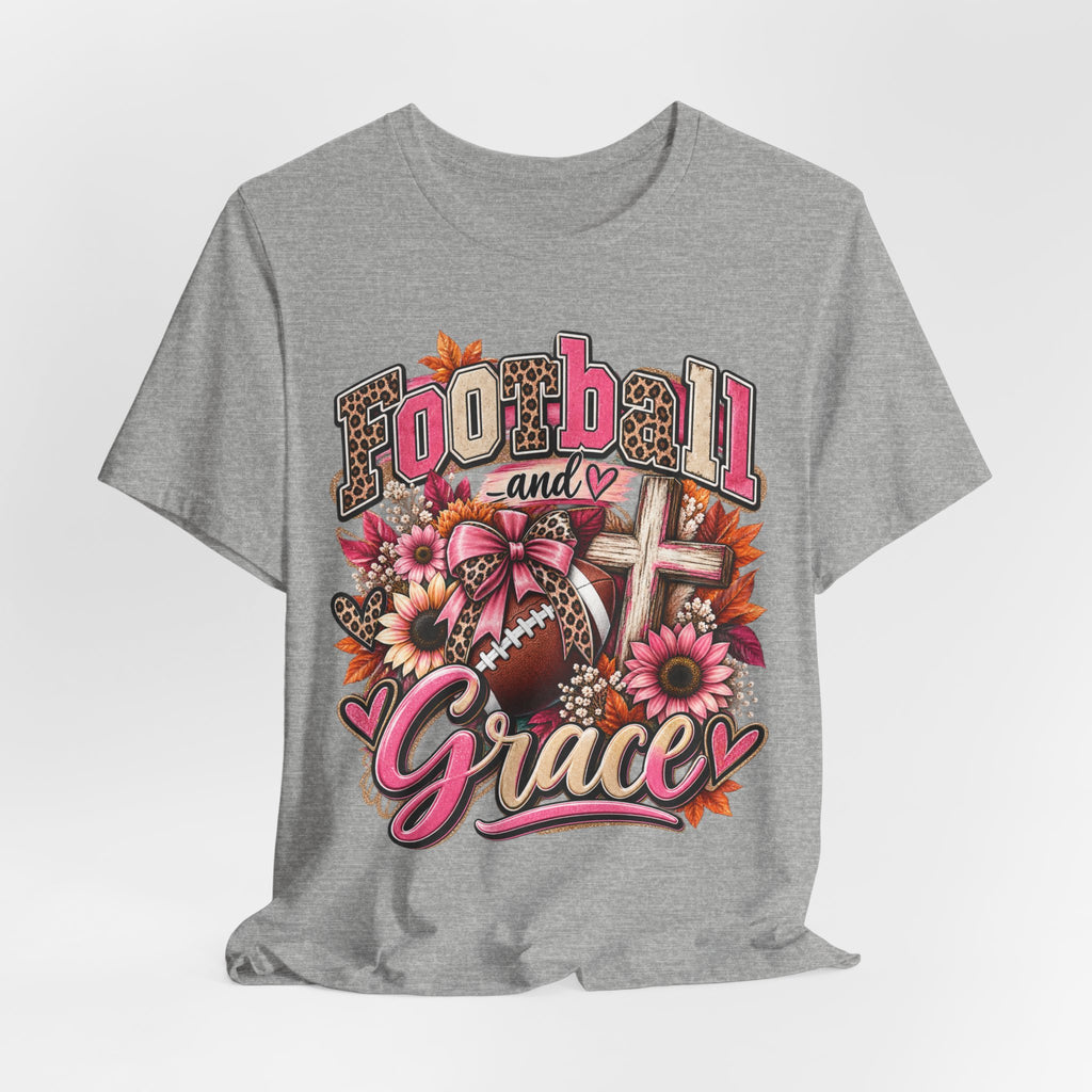 Football and Grace T‑Shirt — Floral Cross Christian Football Mom Tee