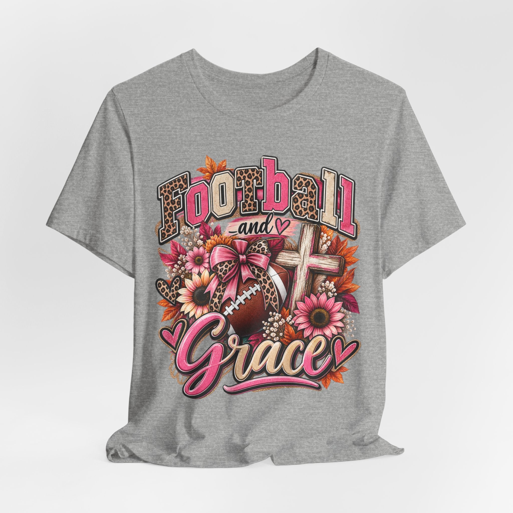 Football and Grace T‑Shirt — Floral Cross Christian Football Mom Tee
