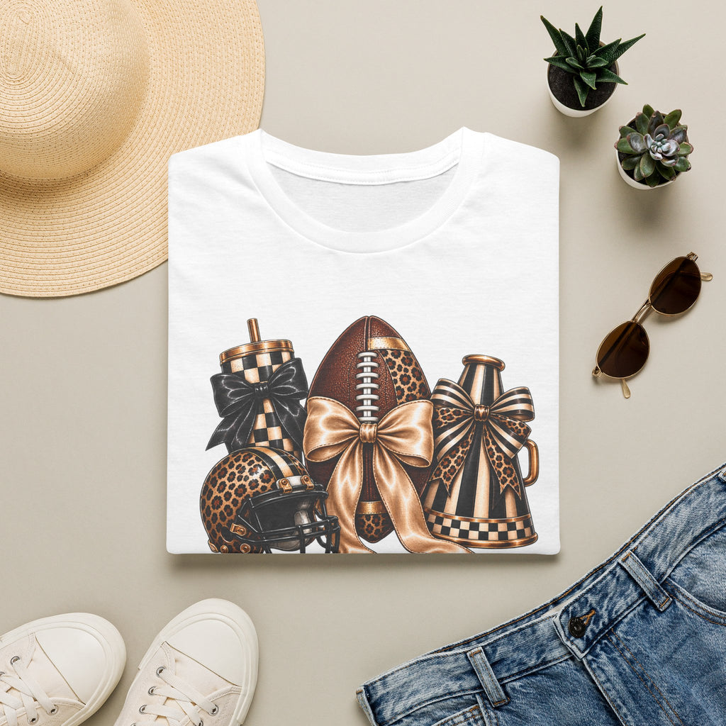 Gold & Leopard Football Gifts T‑Shirt — Decorative Game Day Bow Design