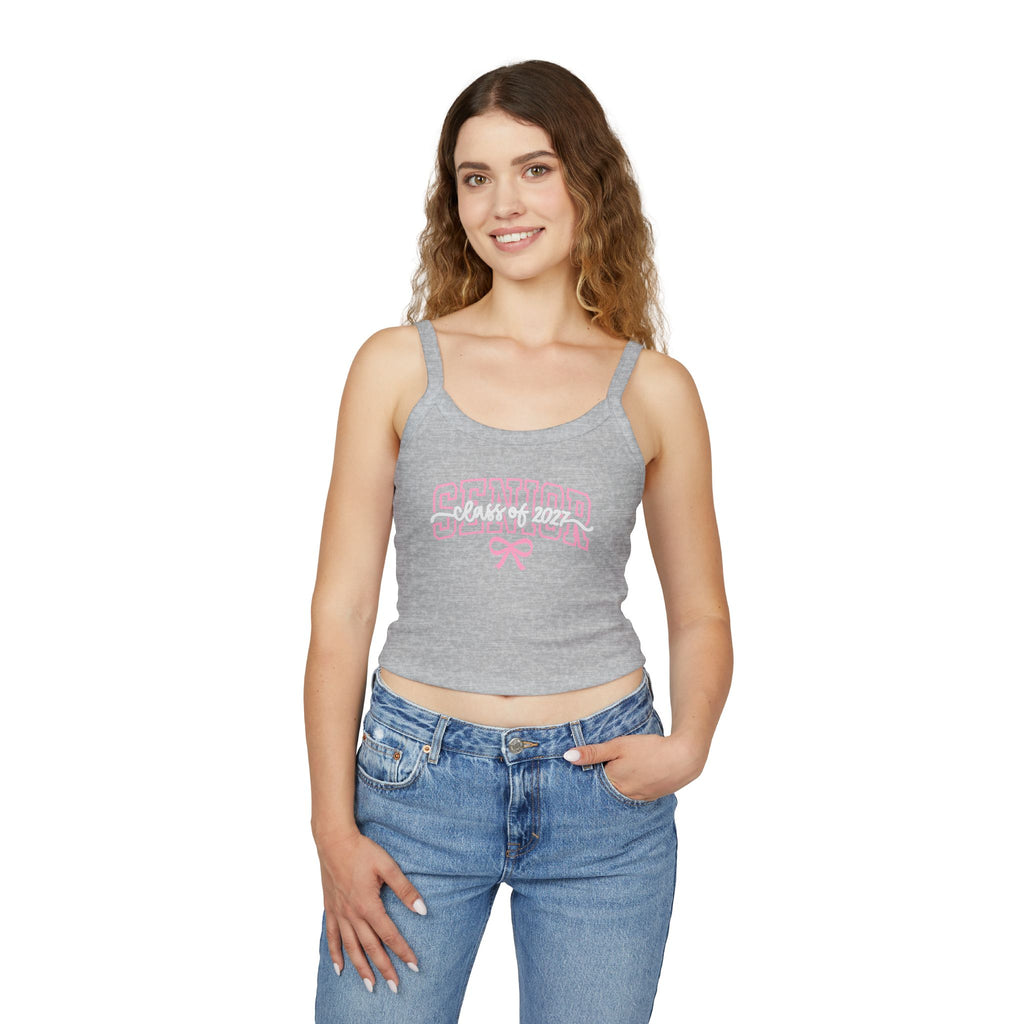 Senior Bow Spaghetti Strap Tank Top — Class of (Senior) Pink Lettering Crop