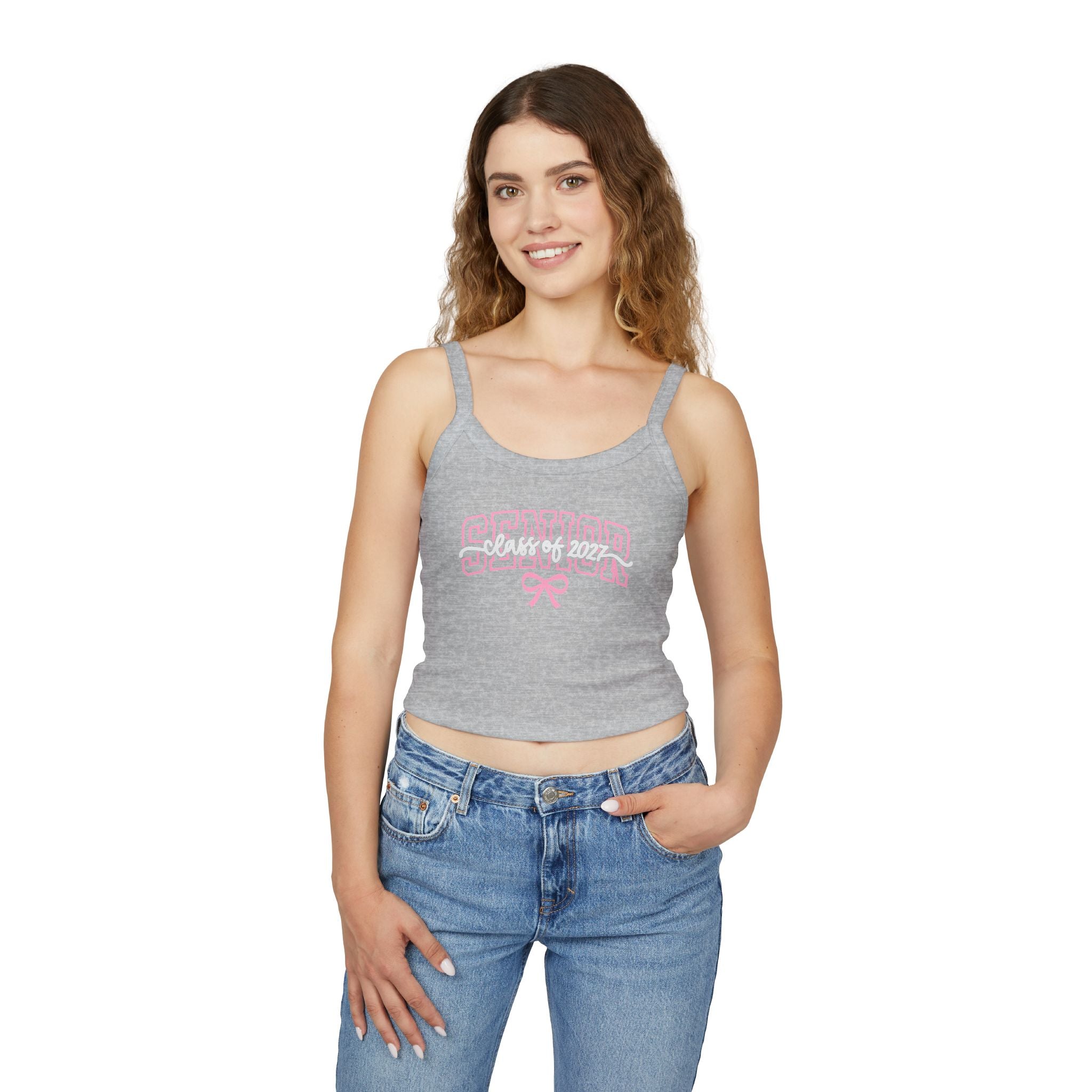 Senior Bow Spaghetti Strap Tank Top — Class of (Senior) Pink Lettering Crop