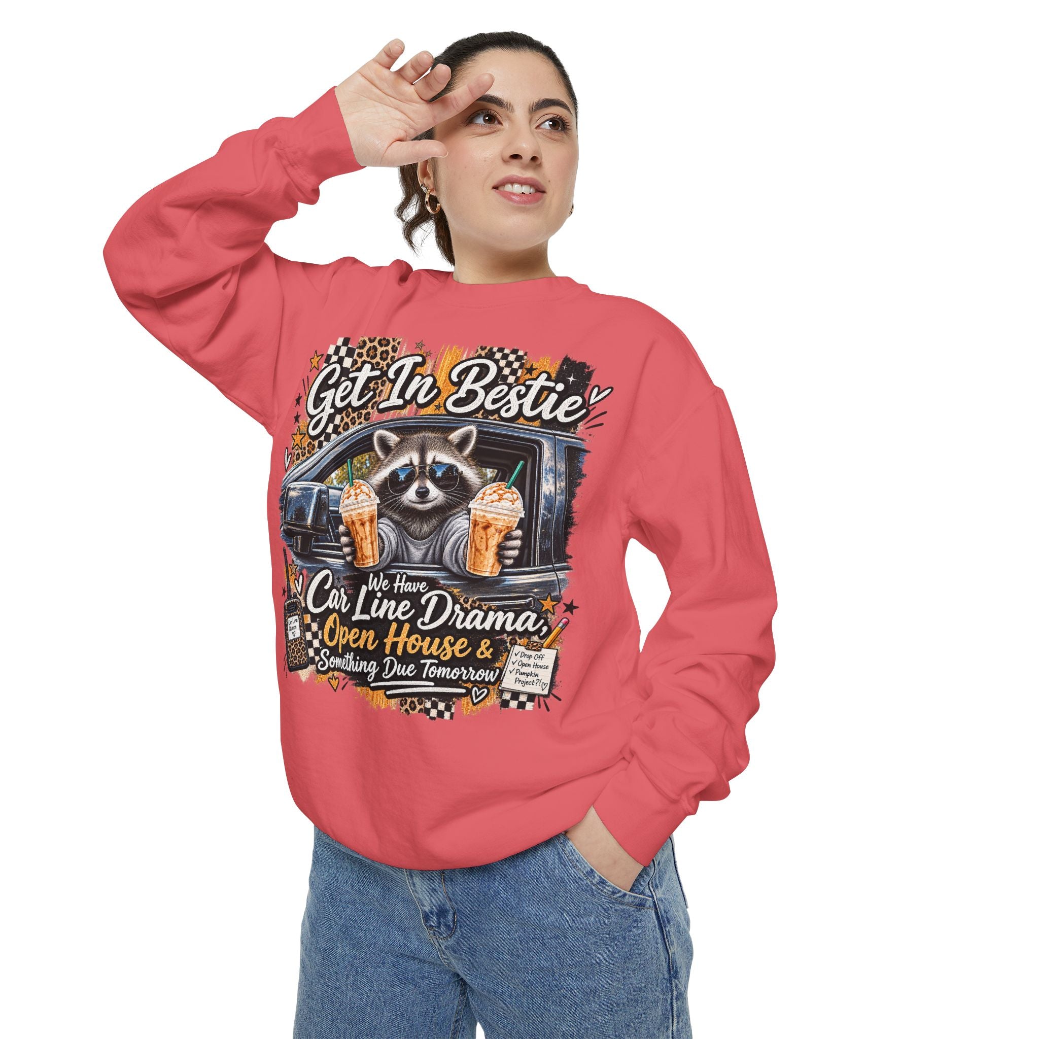 Cozy Raccoon 'Get In Bestie' Sweatshirt – Funny Car Line Mom Graphic