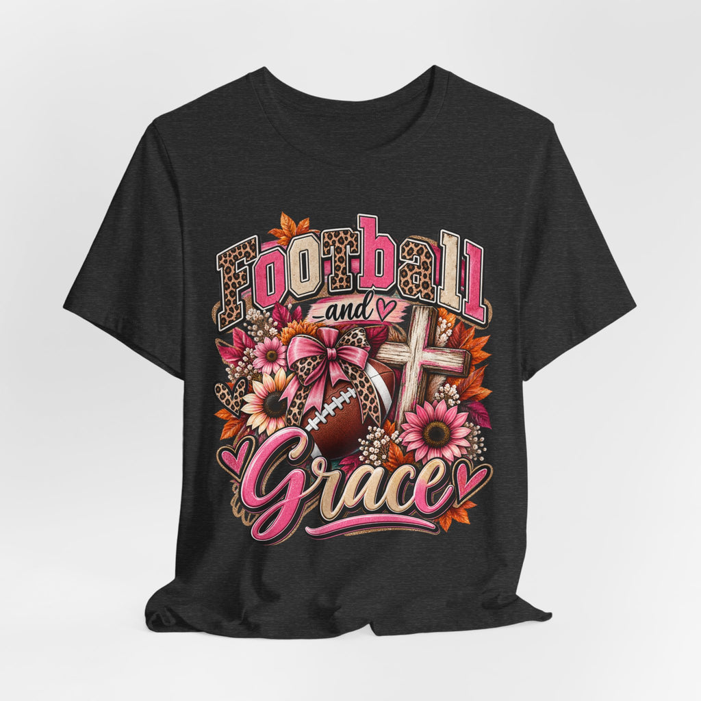 Football and Grace T‑Shirt — Floral Cross Christian Football Mom Tee