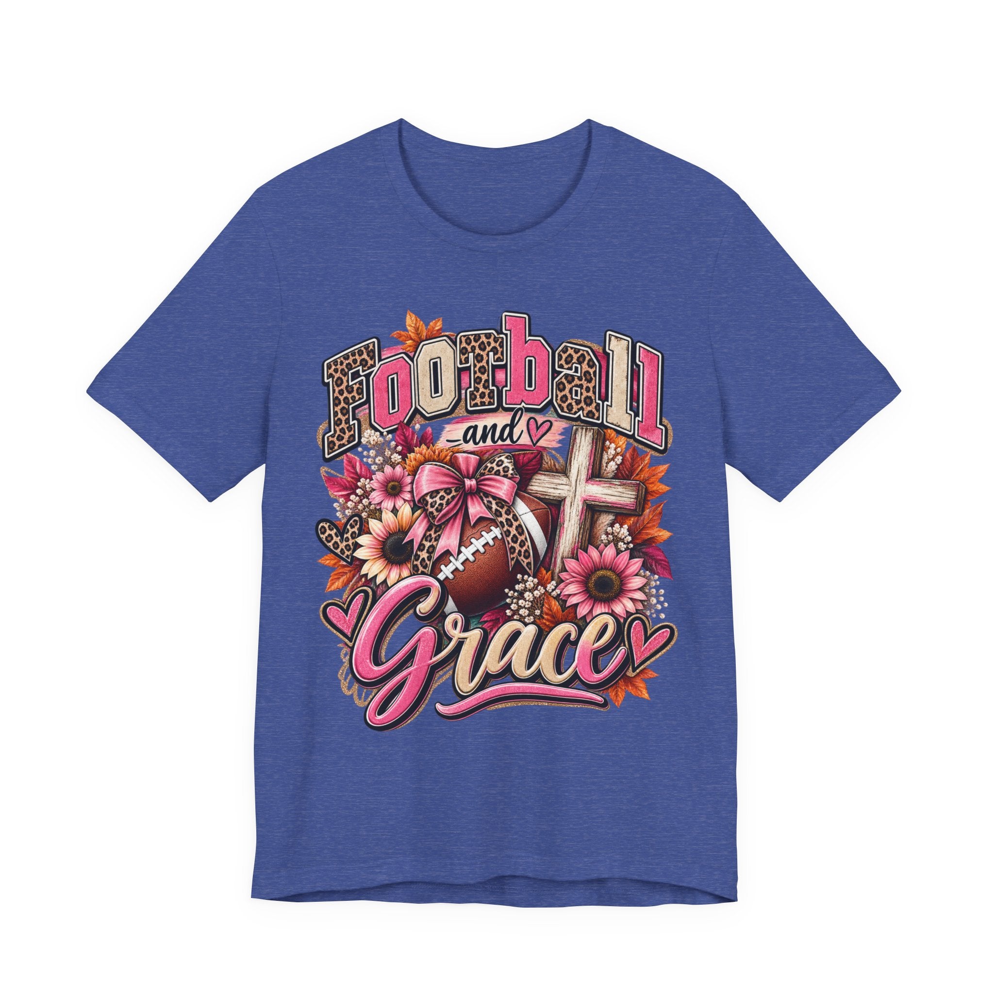 Football and Grace T‑Shirt — Floral Cross Christian Football Mom Tee