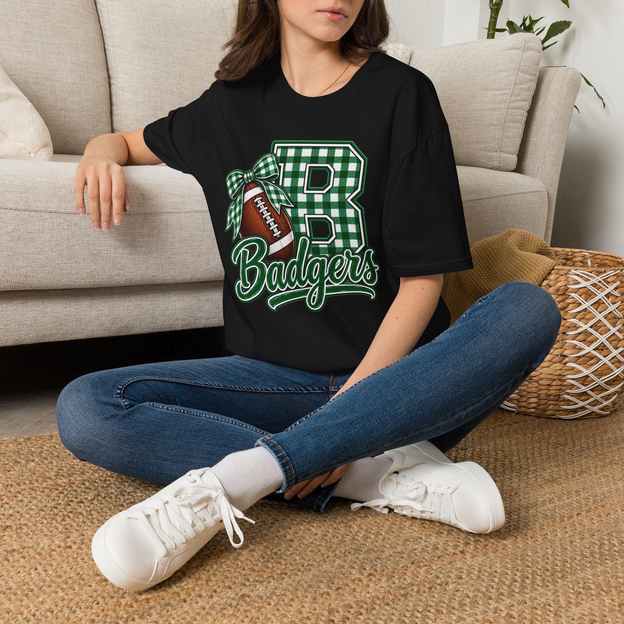 Badgers Football Gingham Initial T-Shirt