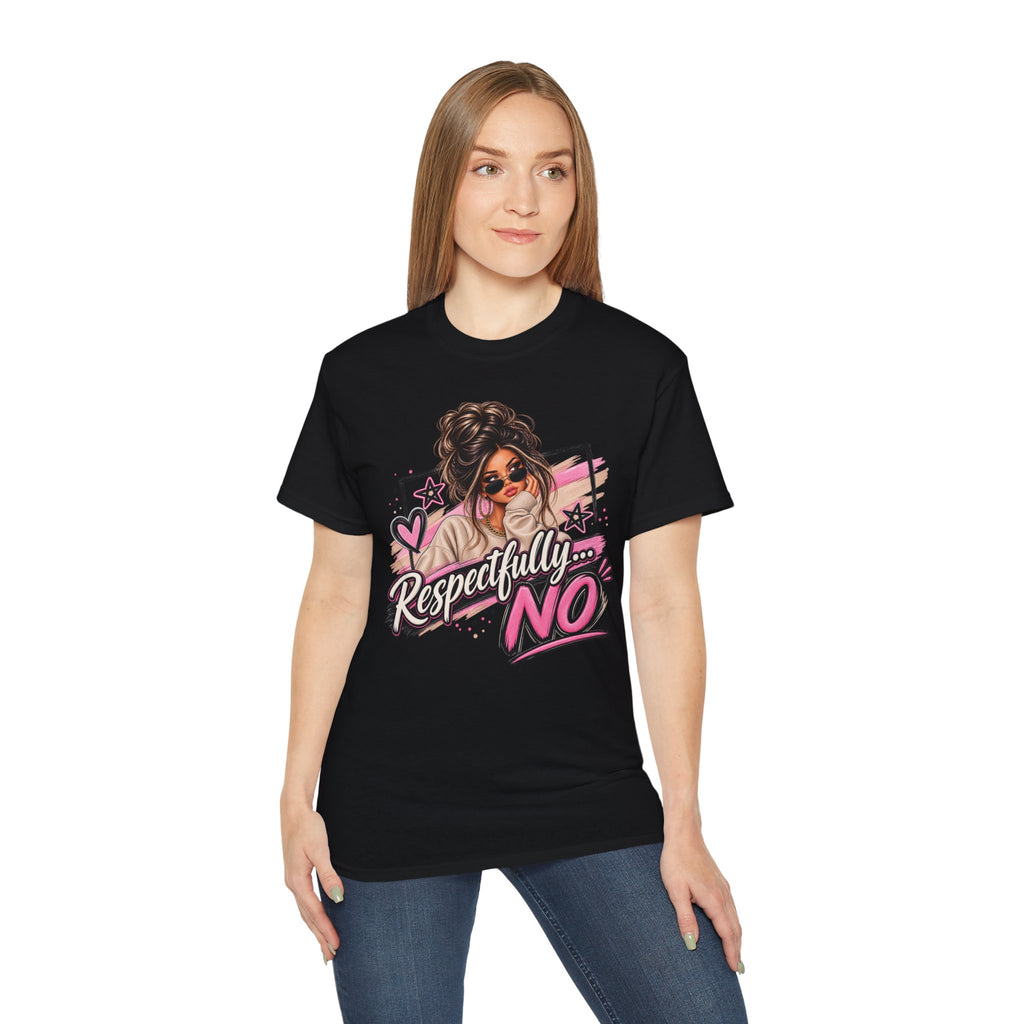 Respectfully No Graphic Tee — Sassy Pink Woman Illustration T-Shirt
