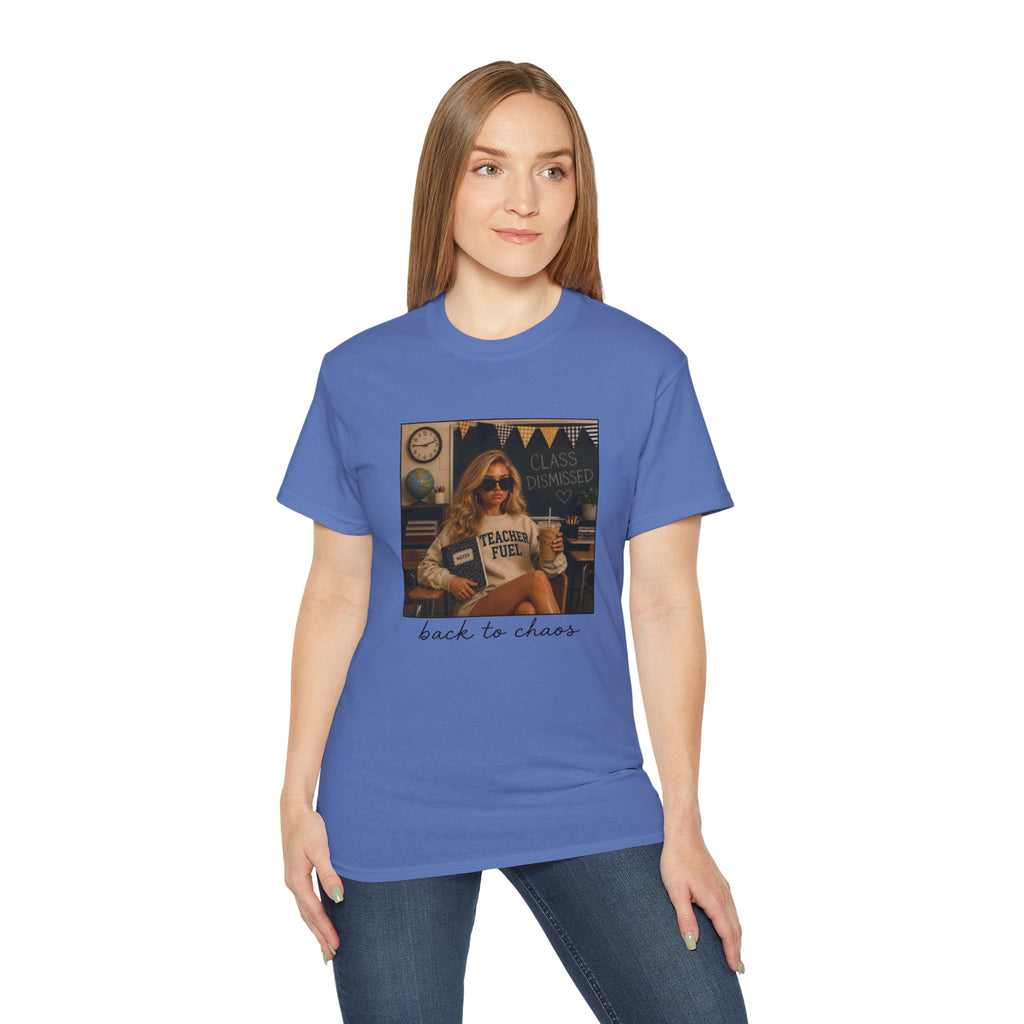 Back to Chaos Teacher Fuel T-Shirt — Funny Retro Classroom Shirt for Teachers
