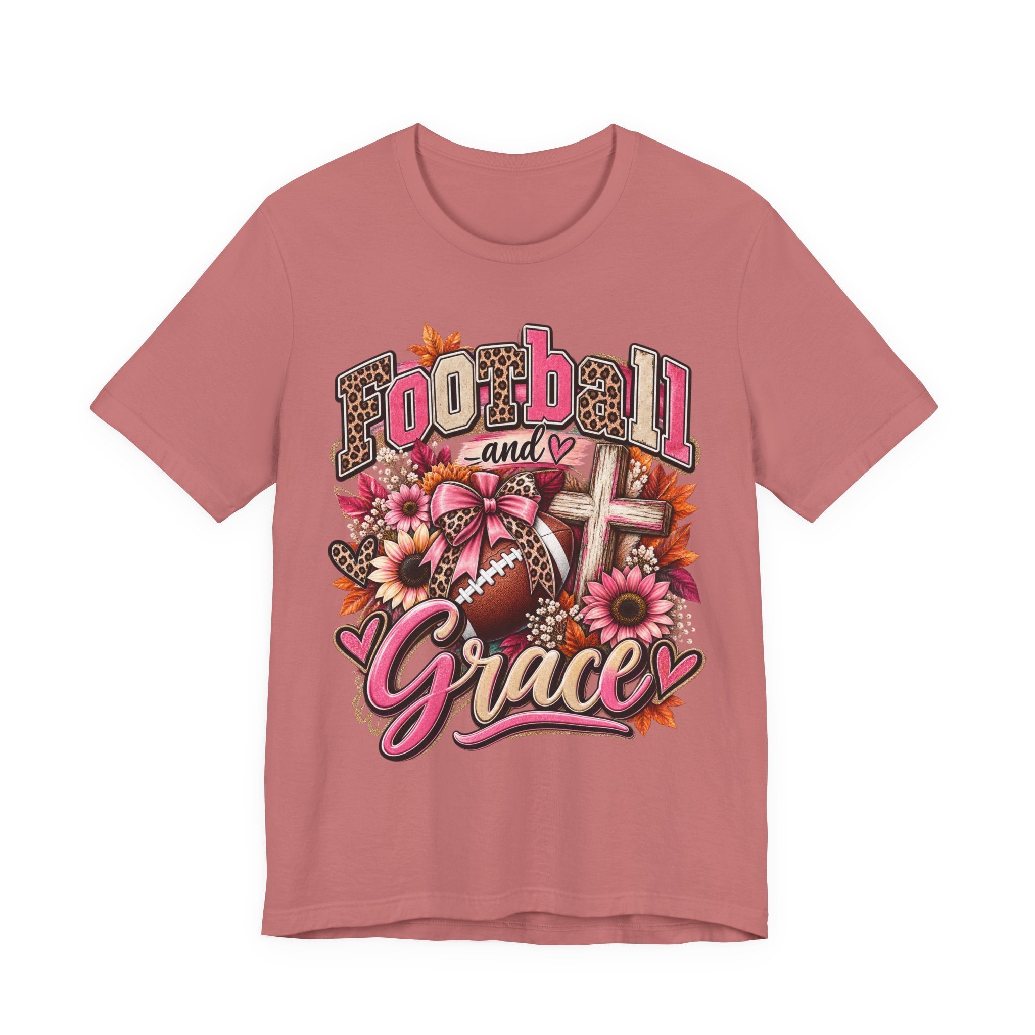 Football and Grace T‑Shirt — Floral Cross Christian Football Mom Tee