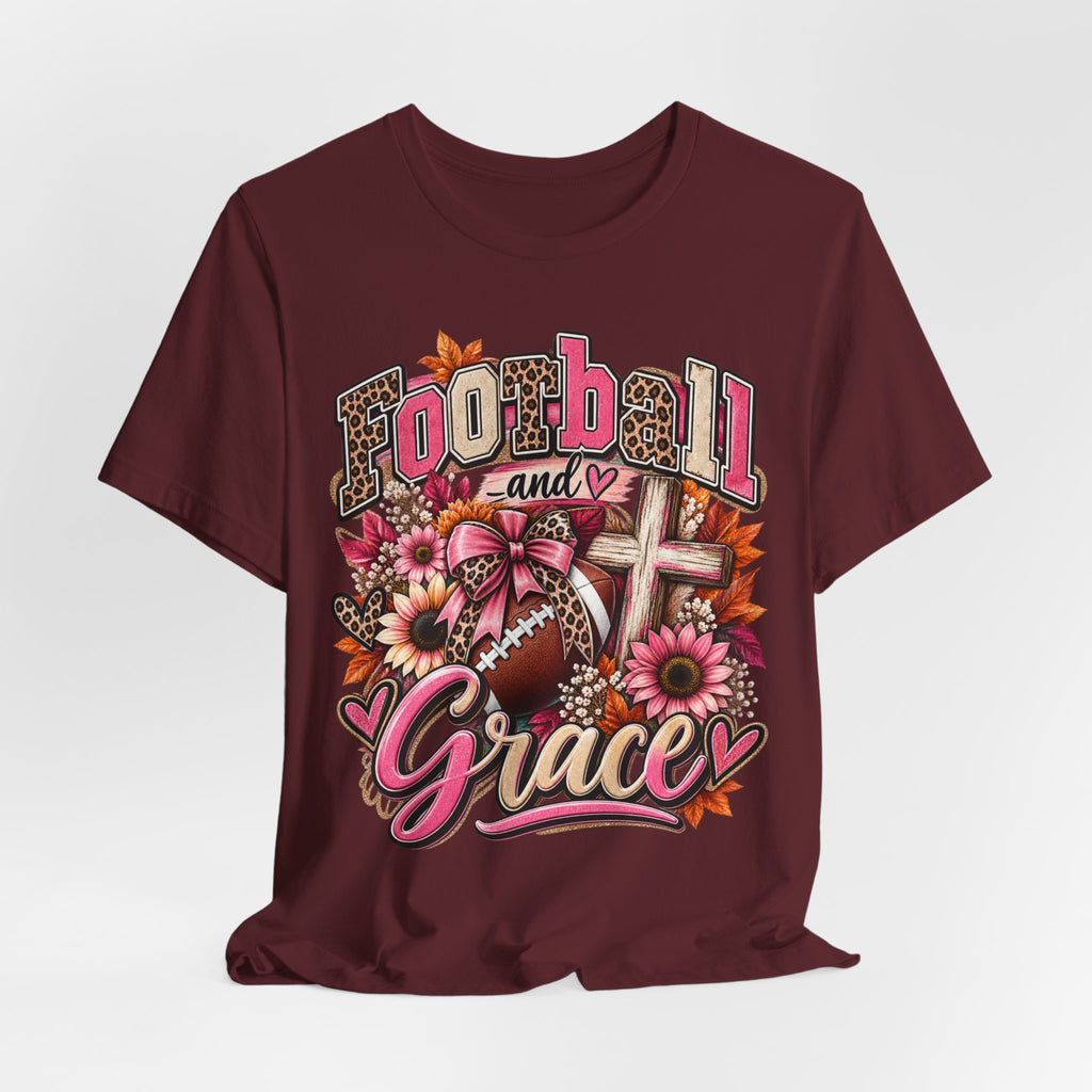 Football and Grace T‑Shirt — Floral Cross Christian Football Mom Tee