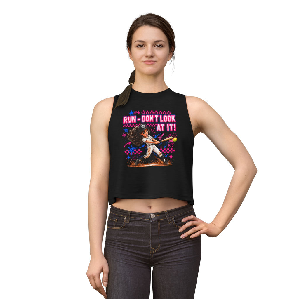 Women's Crop Top — "Run Don't Look at It!" Softball Batter Graphic Tank