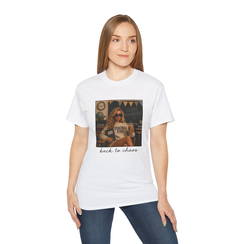 Back to Chaos Teacher Fuel T-Shirt — Funny Retro Classroom Shirt for Teachers