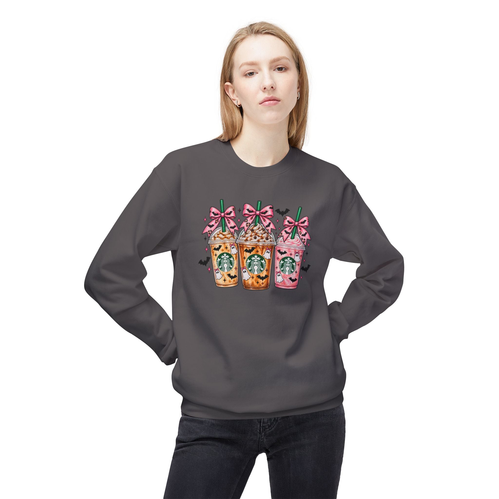 Sweatshirt — Cute Starbucks Frappuccino Trio with Bows (Pink & Halloween Vibes)