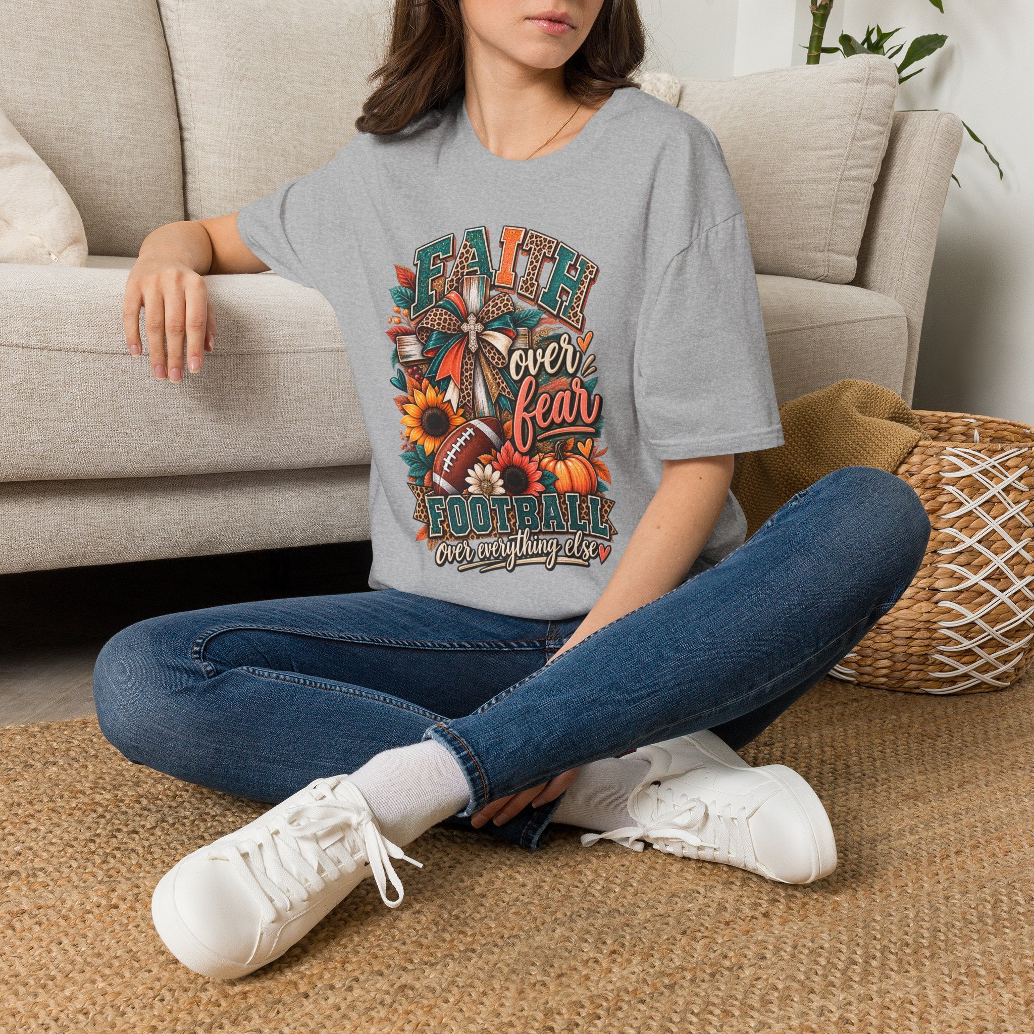 Faith Over Fear Football T‑Shirt — Floral Cross & Sunflower Inspirational Tee