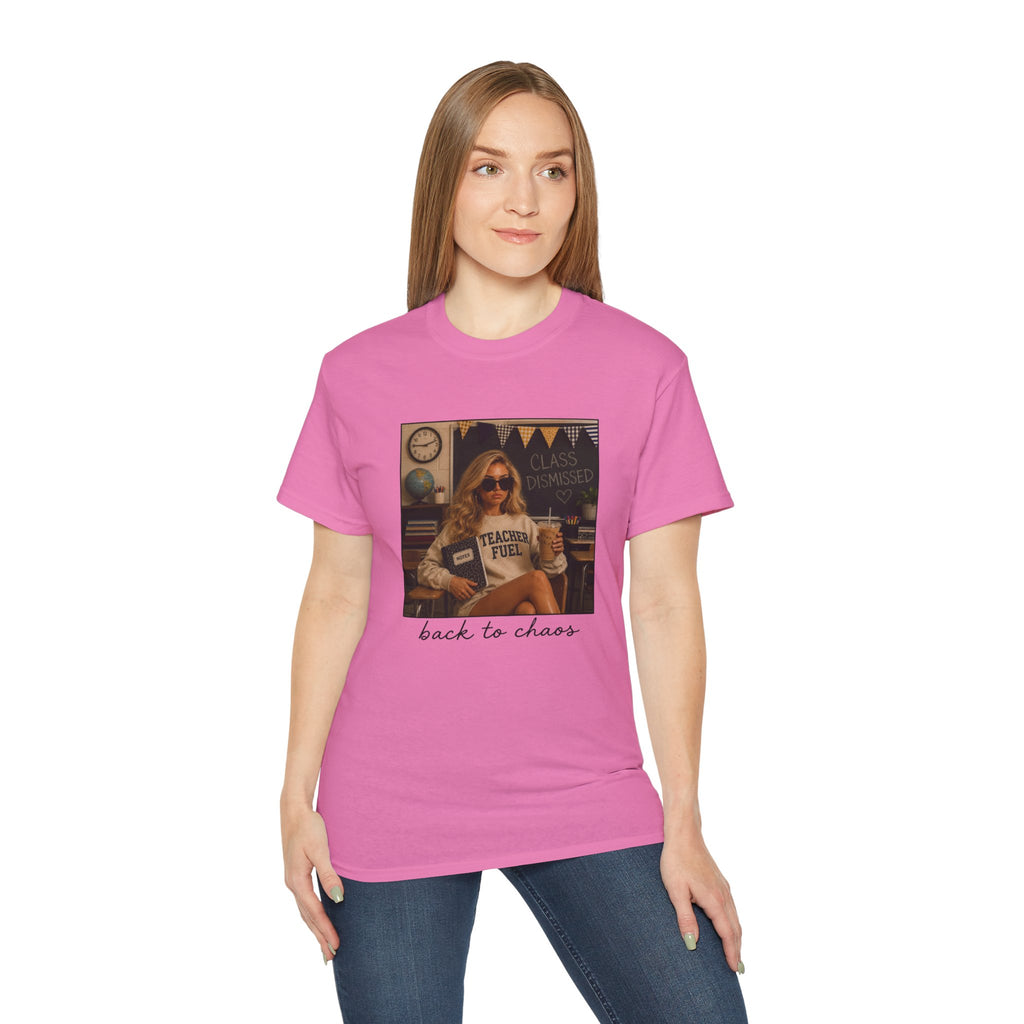 Back to Chaos Teacher Fuel T-Shirt — Funny Retro Classroom Shirt for Teachers