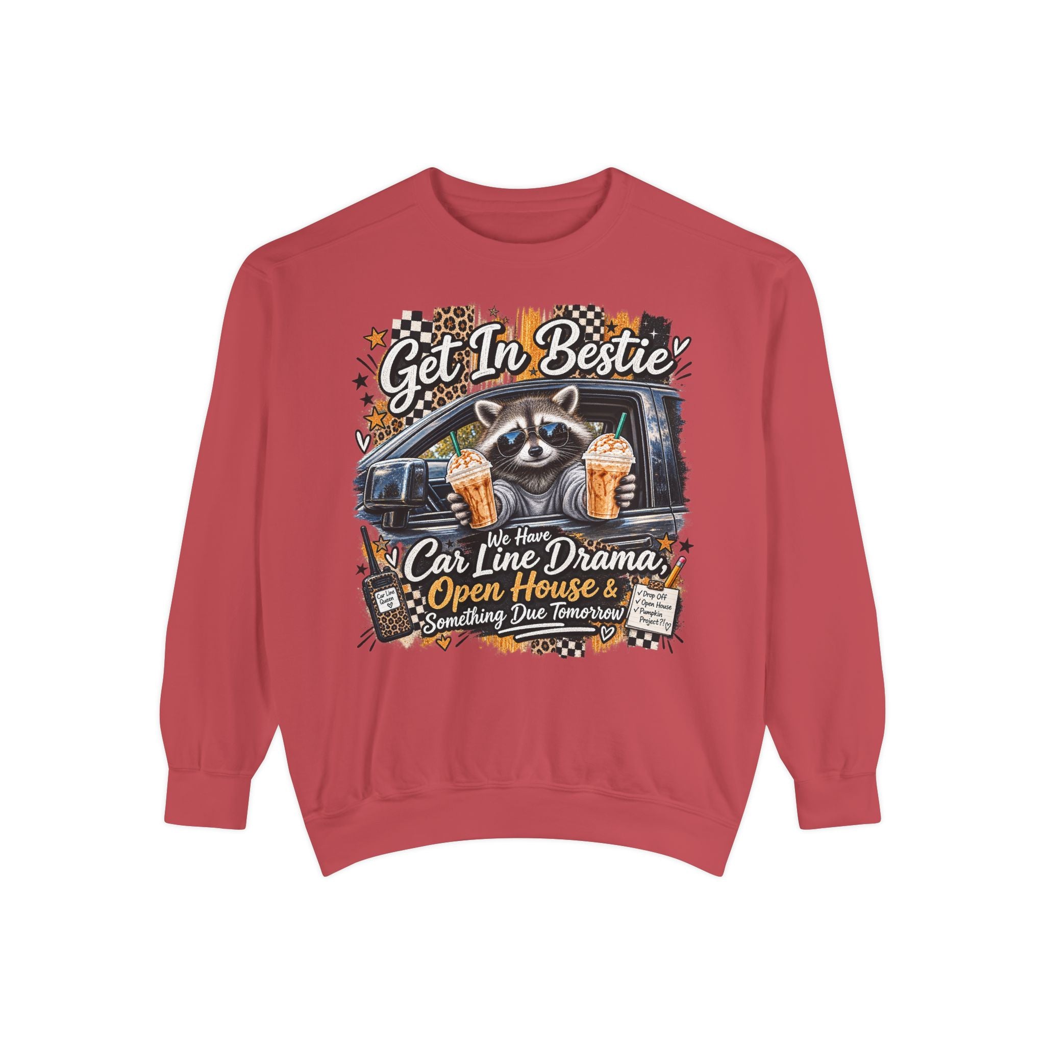 Cozy Raccoon 'Get In Bestie' Sweatshirt – Funny Car Line Mom Graphic