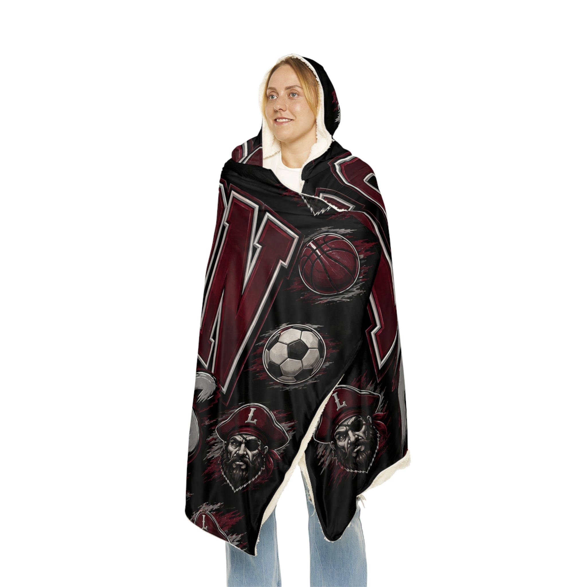 London Pirates Hooded Blanket – Sports Team Snuggle Throw with Soccer & Basketball Design
