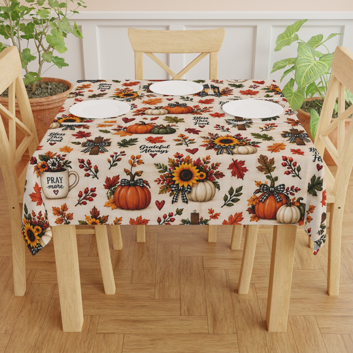 Autumn Harvest Tablecloth — Pumpkins, Sunflowers & 'Give Thanks' Fall Dinner Decor
