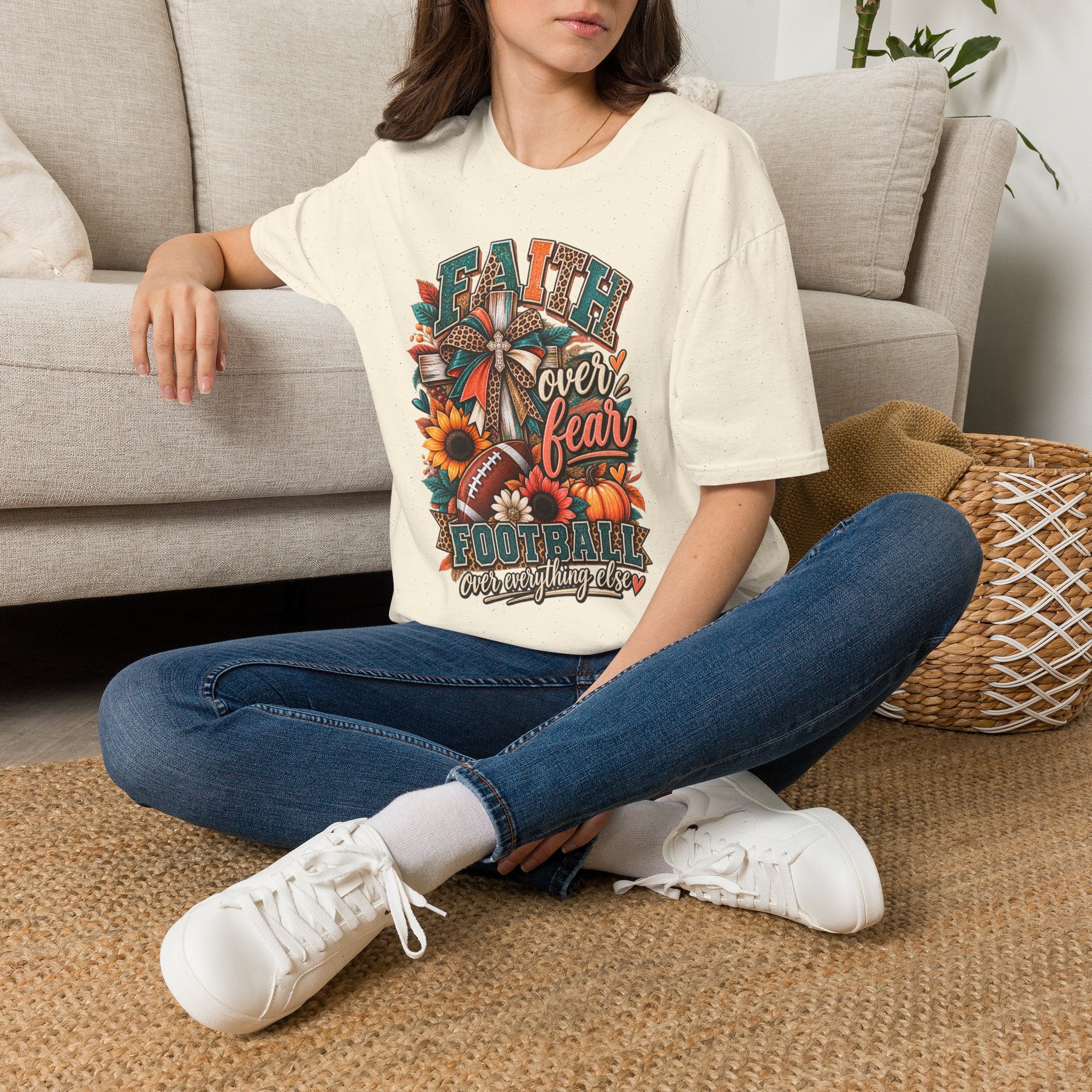 Faith Over Fear Football T‑Shirt — Floral Cross & Sunflower Inspirational Tee