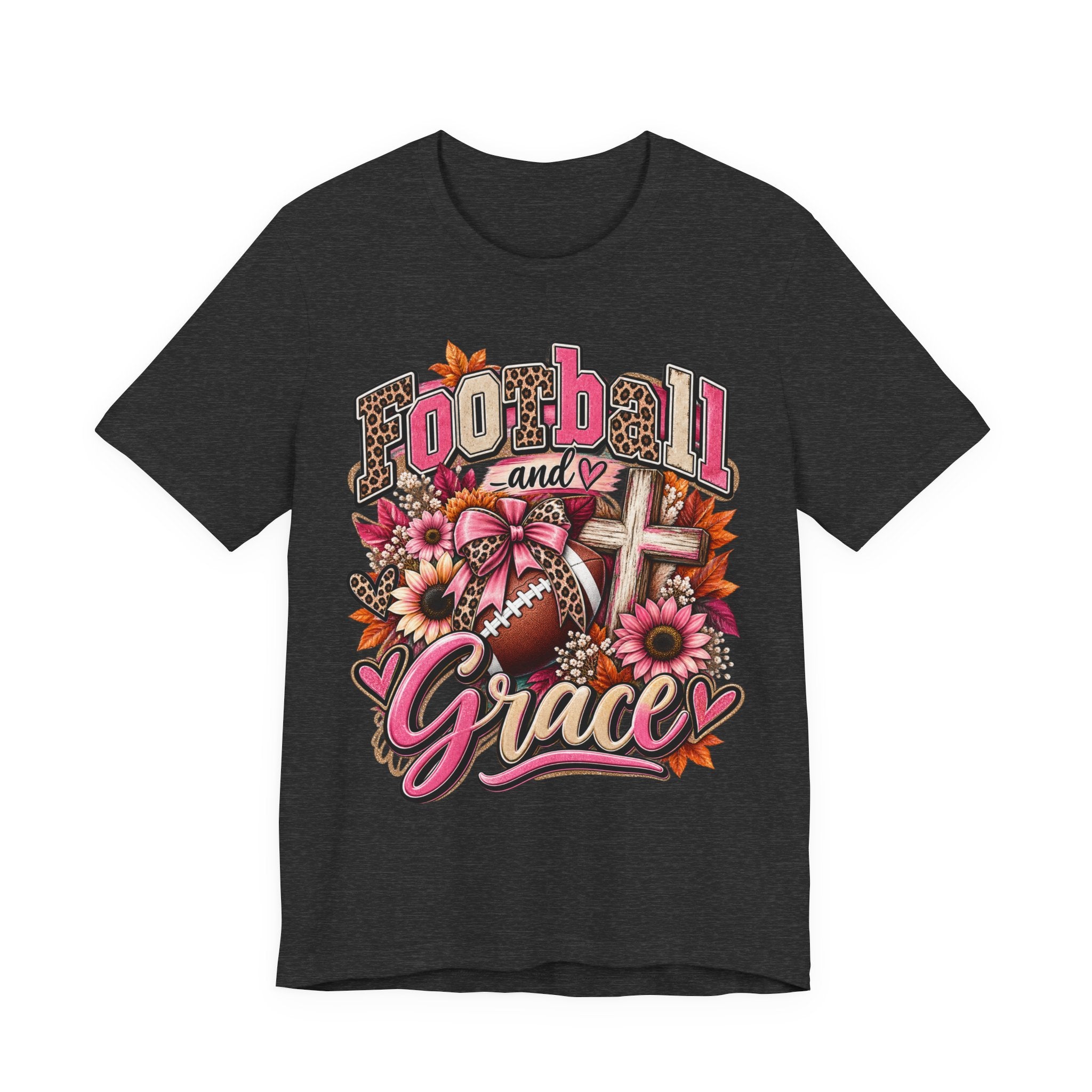 Football and Grace T‑Shirt — Floral Cross Christian Football Mom Tee
