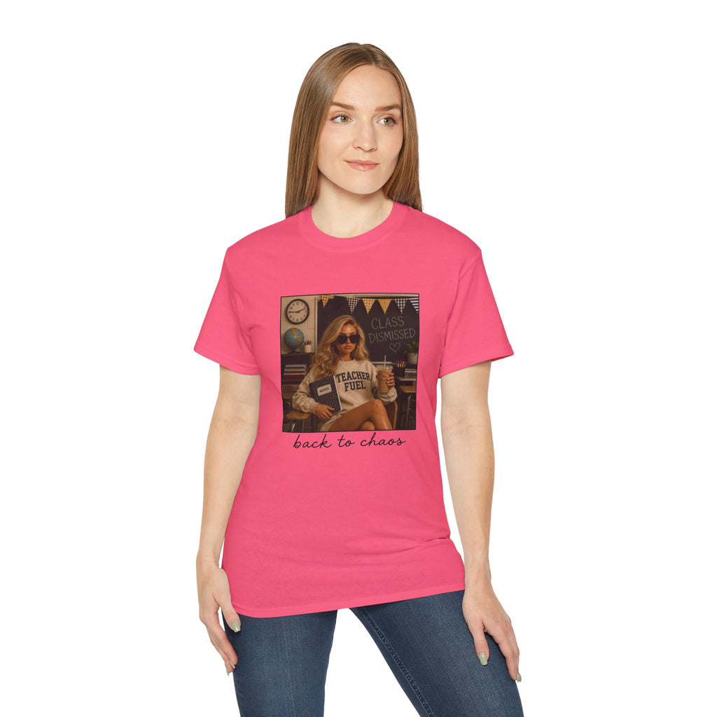 Back to Chaos Teacher Fuel T-Shirt — Funny Retro Classroom Shirt for Teachers