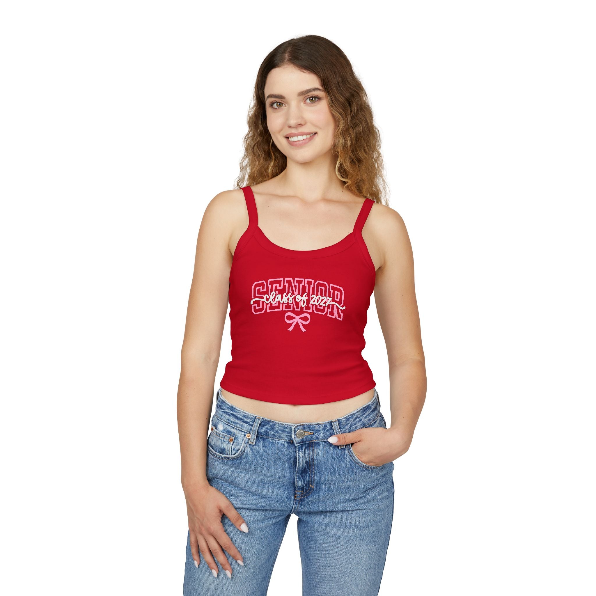 Senior Bow Spaghetti Strap Tank Top — Class of (Senior) Pink Lettering Crop