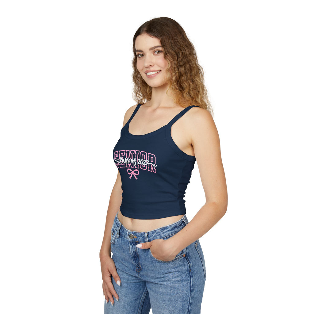 Senior Bow Spaghetti Strap Tank Top — Class of (Senior) Pink Lettering Crop