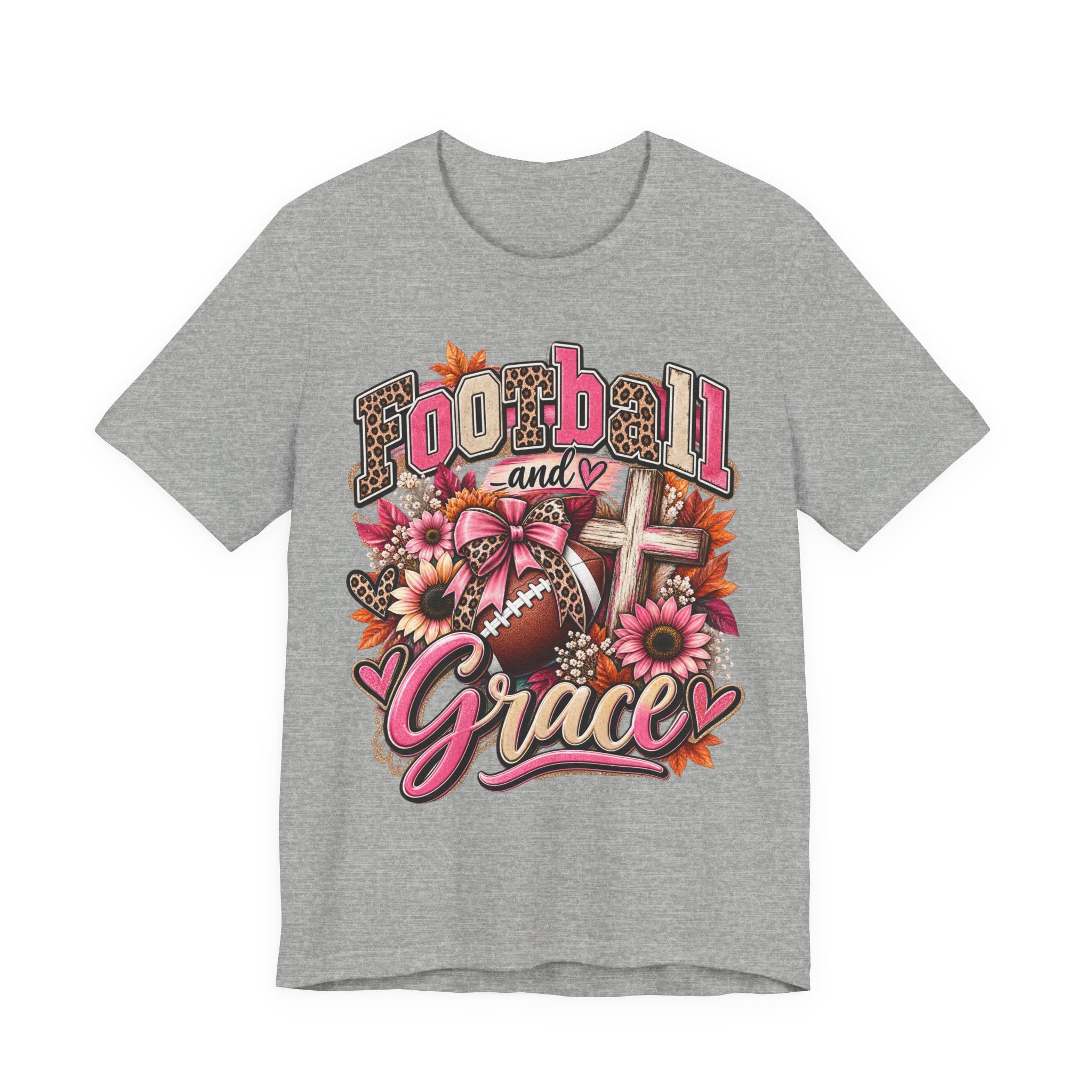 Football and Grace T‑Shirt — Floral Cross Christian Football Mom Tee