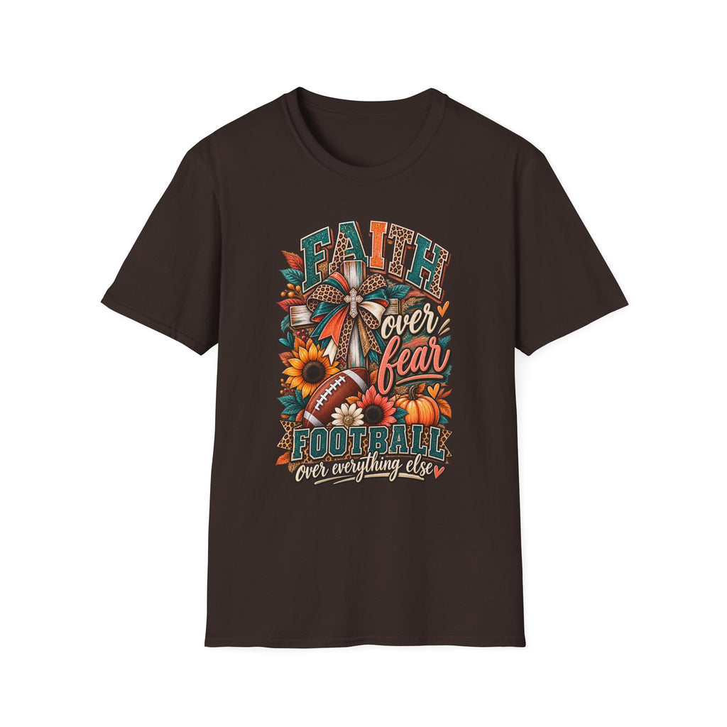 Faith Over Fear Football T‑Shirt — Floral Cross & Sunflower Inspirational Tee