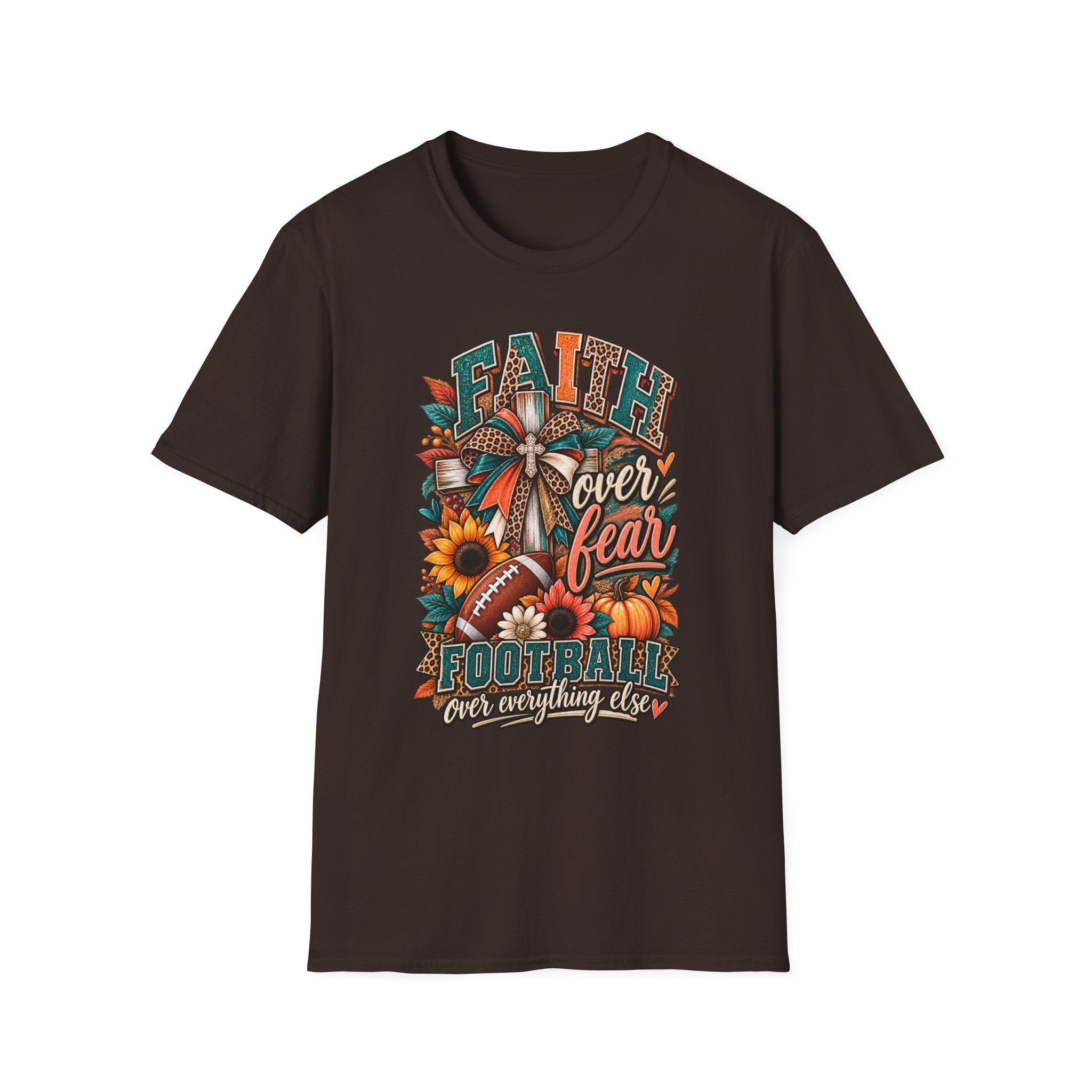 Faith Over Fear Football T‑Shirt — Floral Cross & Sunflower Inspirational Tee
