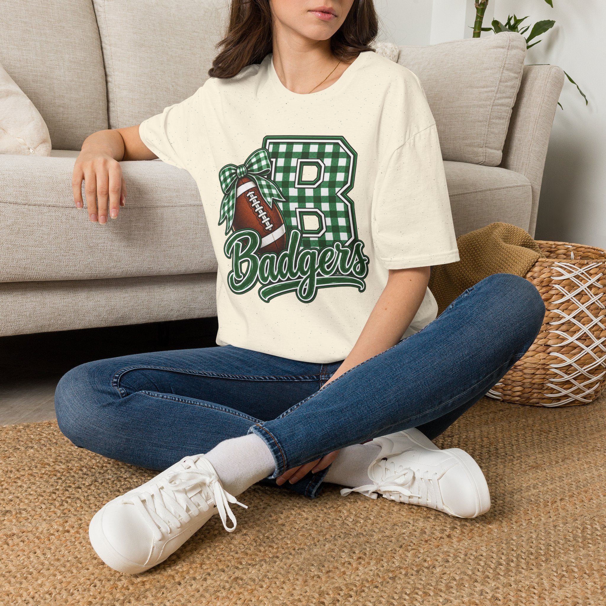 Badgers Football Gingham Initial T-Shirt
