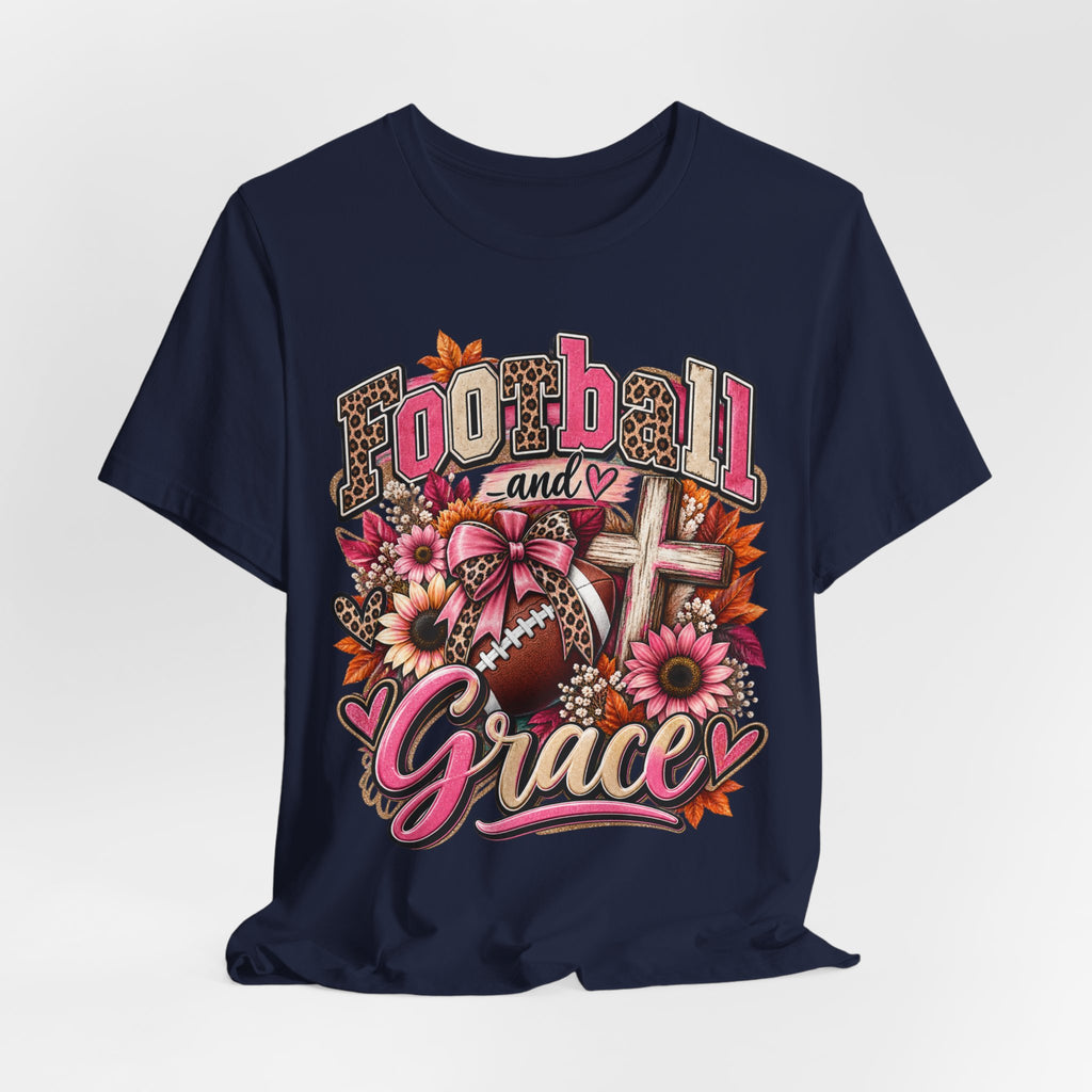 Football and Grace T‑Shirt — Floral Cross Christian Football Mom Tee
