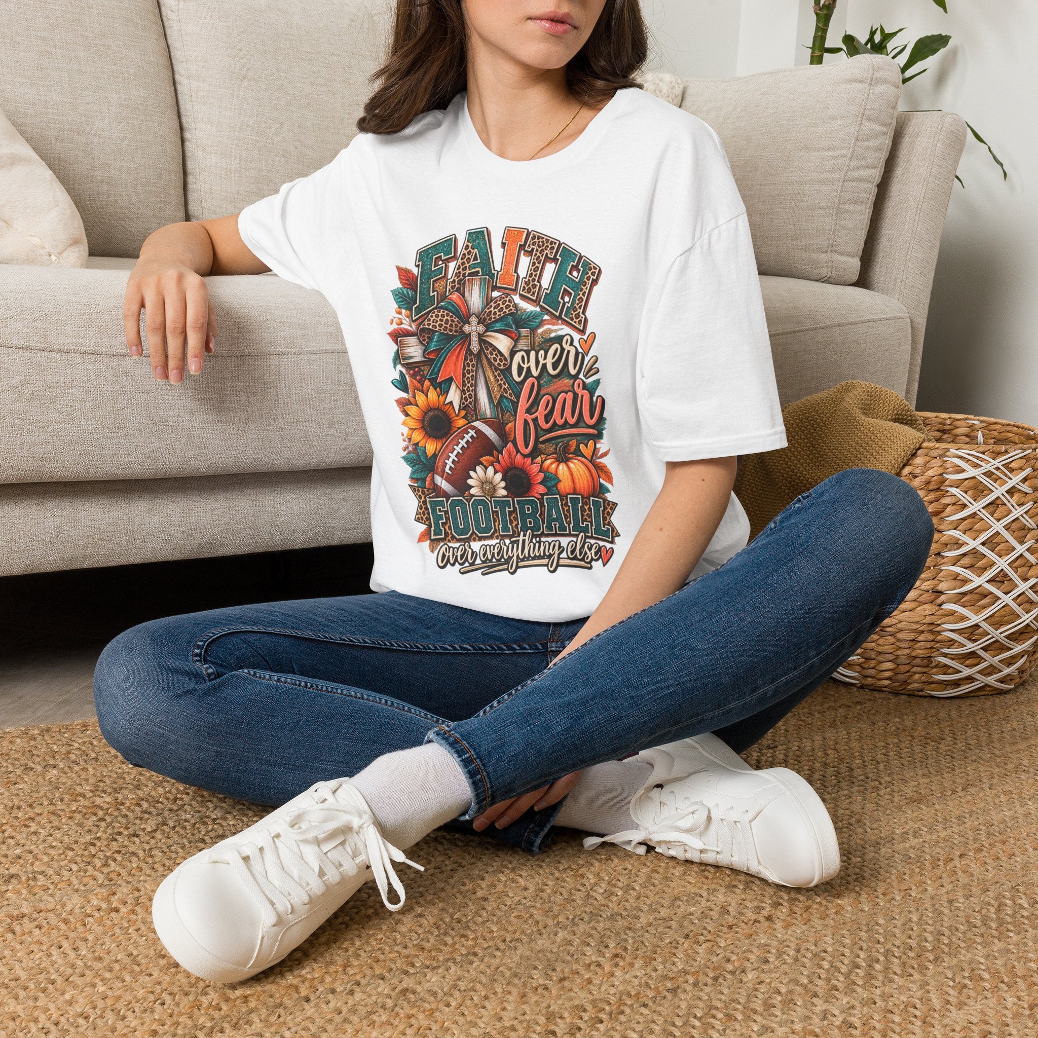 Faith Over Fear Football T‑Shirt — Floral Cross & Sunflower Inspirational Tee