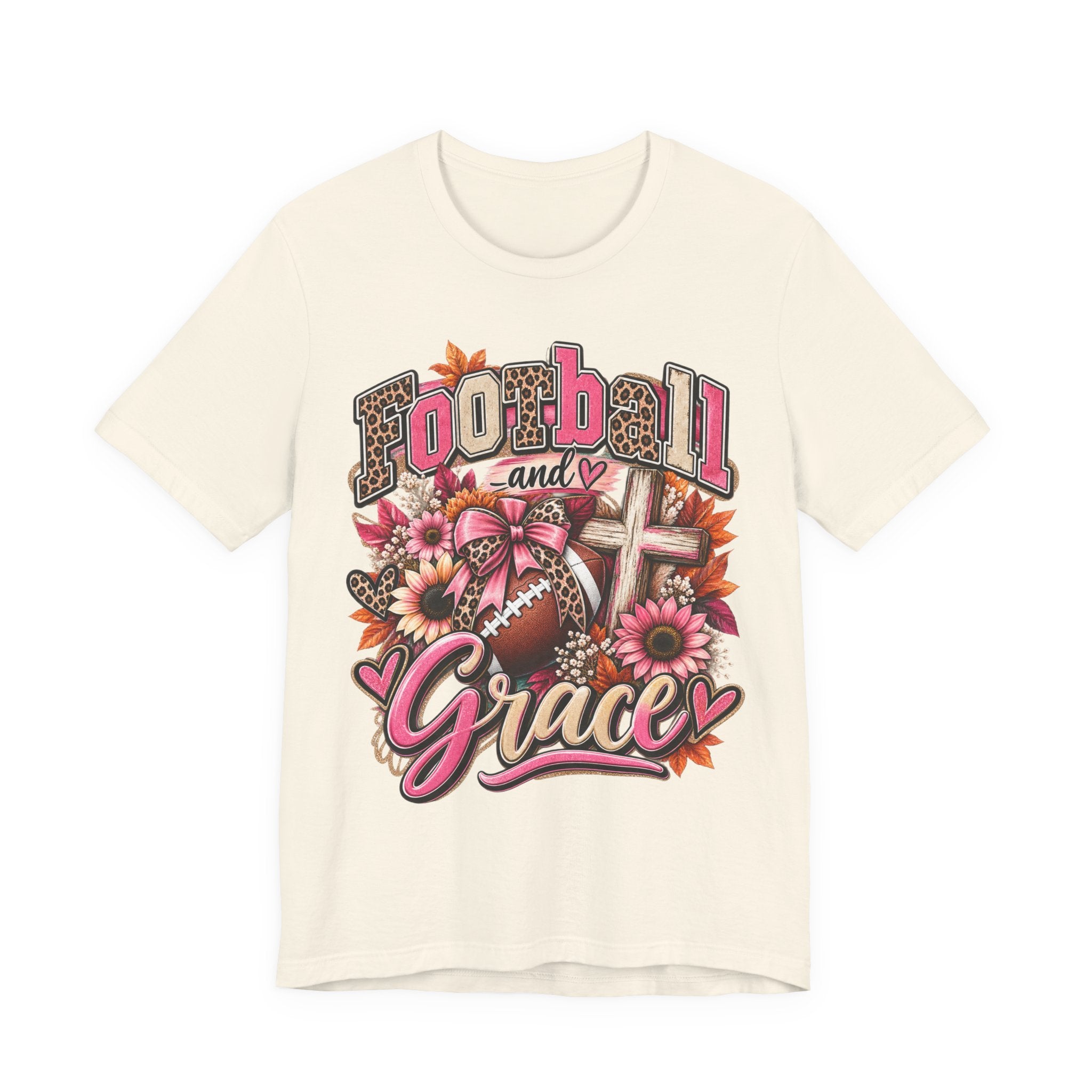 Football and Grace T‑Shirt — Floral Cross Christian Football Mom Tee