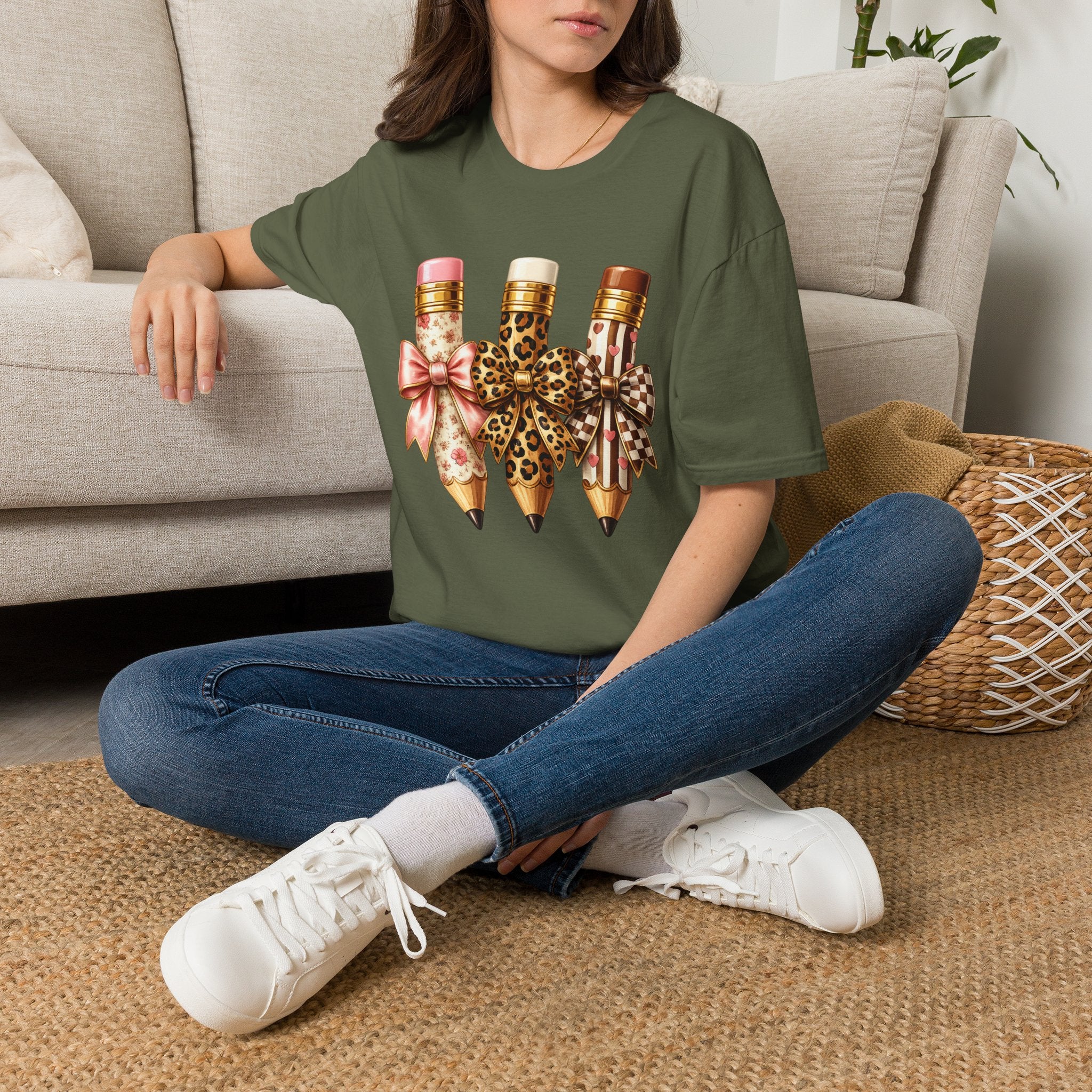 Pencils with Leopard & Bow Design T‑Shirt