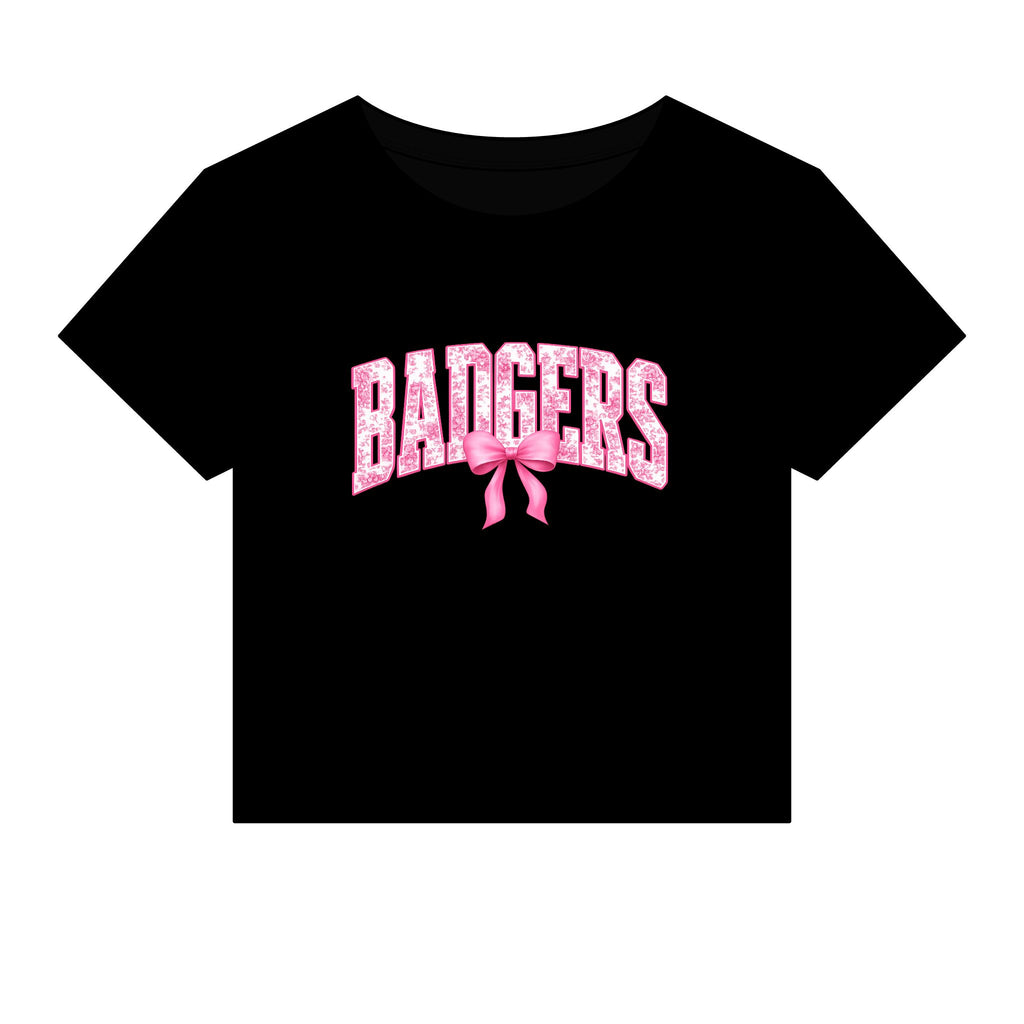 Badgers Pink Ribbon Baby Tee — Women's Cropped Micro-Rib Graphic Tee