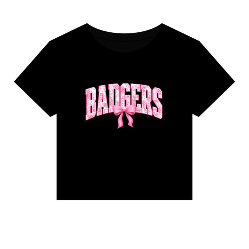 Badgers Pink Ribbon Baby Tee — Women's Cropped Micro-Rib Graphic Tee