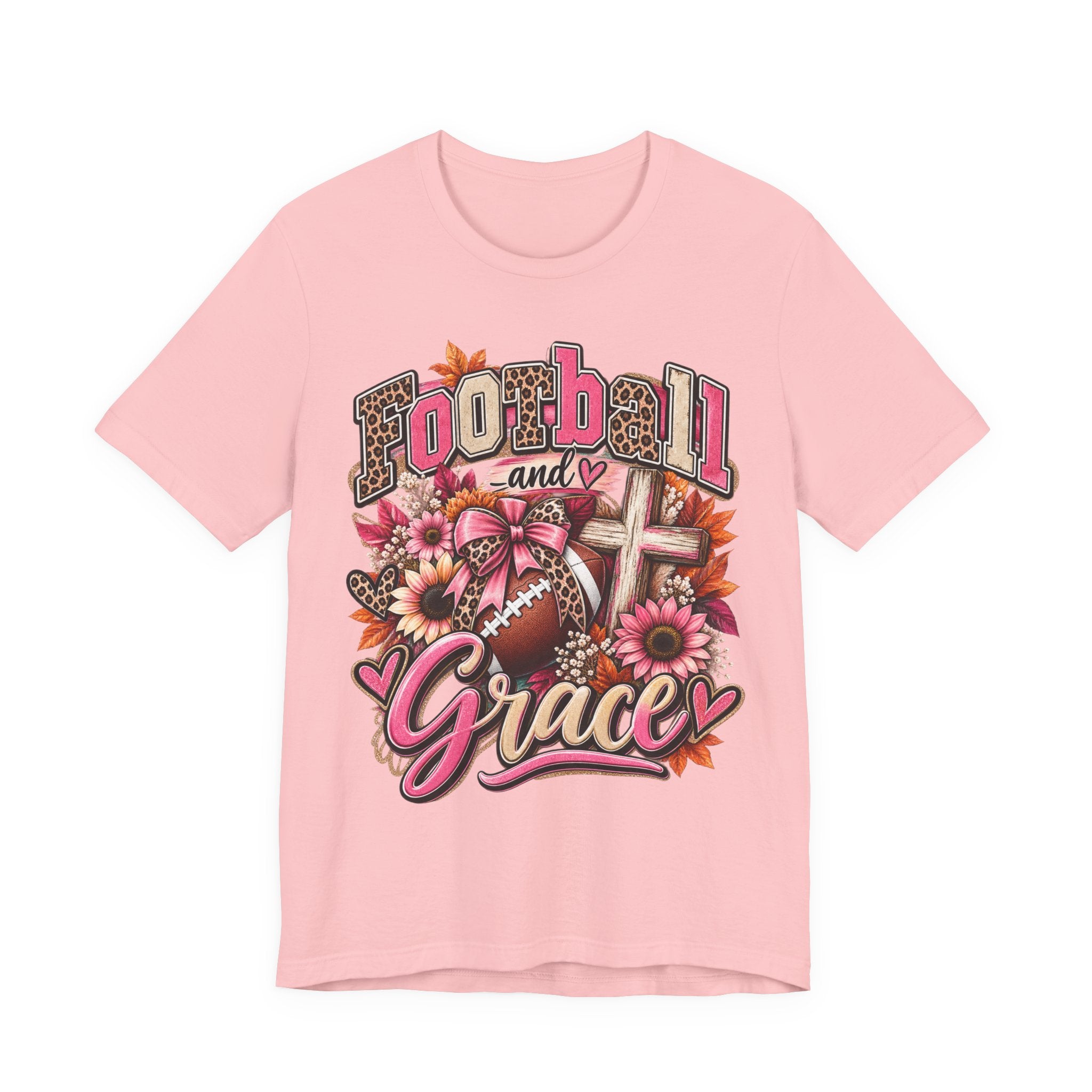 Football and Grace T‑Shirt — Floral Cross Christian Football Mom Tee