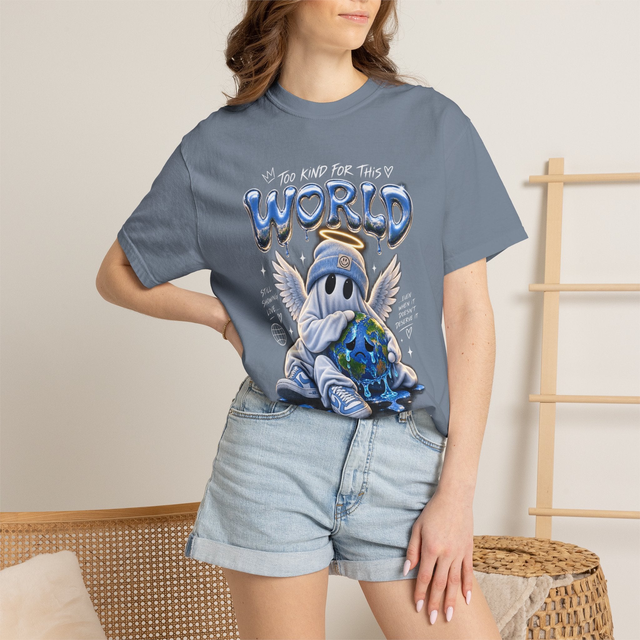 World Guardian Graphic Tee — Angel Skull Holding Earth Casual T-Shirt